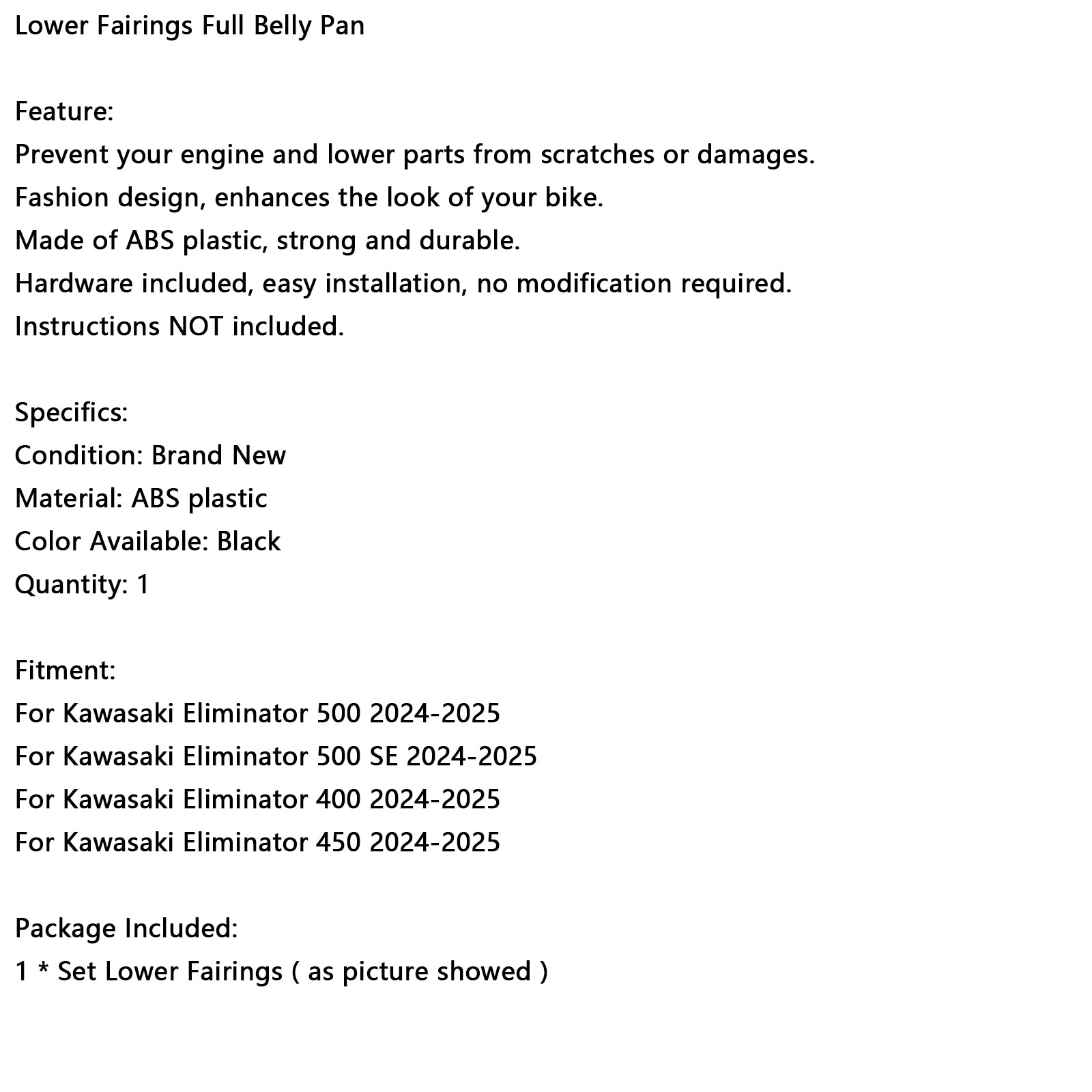2024-2025 Kawasaki Eliminator 400/450/500 Carénages inférieurs Pan complet
