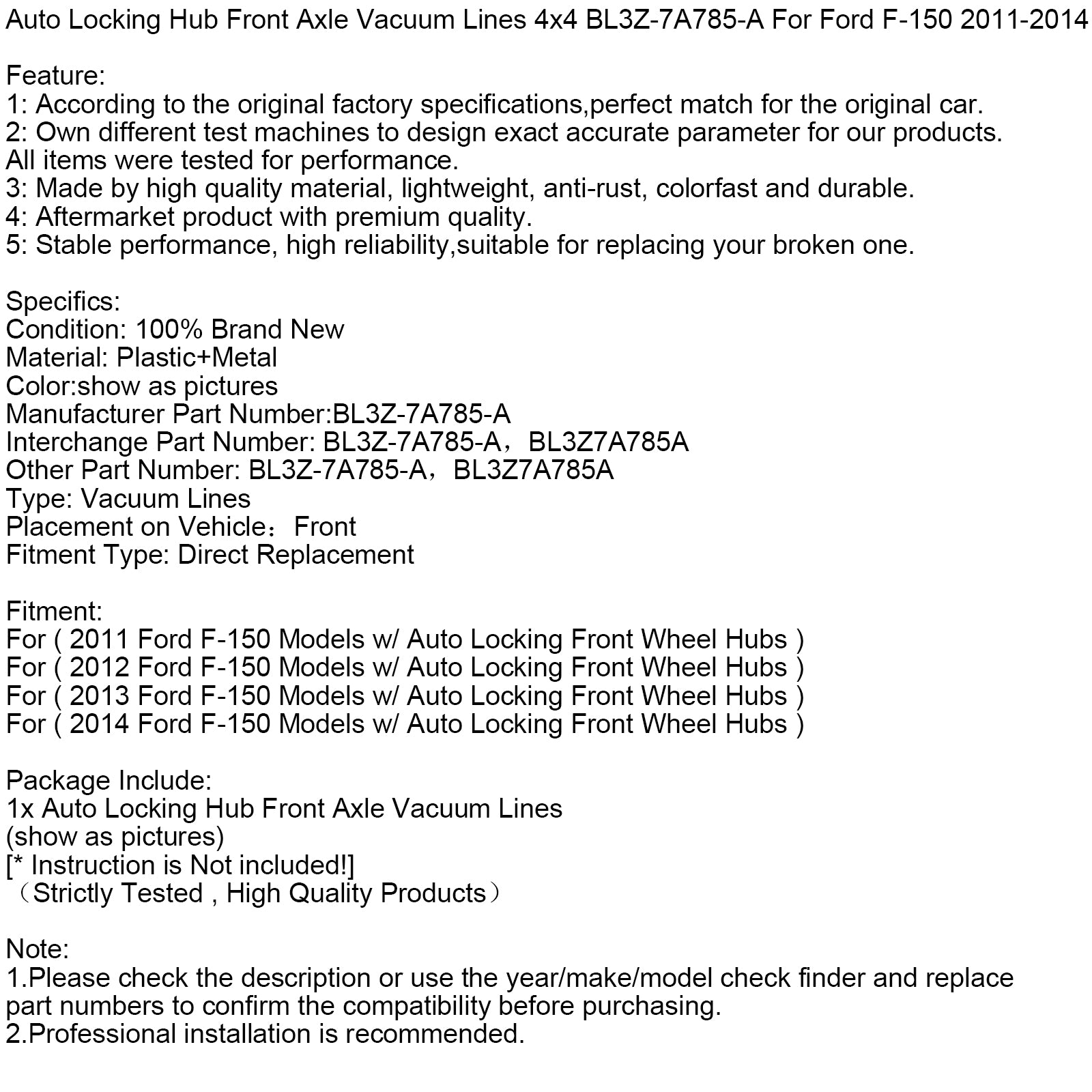Lignes de vide d'essieu avant de moyeu à verrouillage automatique 4x4 BL3Z-7A785-A pour Ford F-150 11-2014