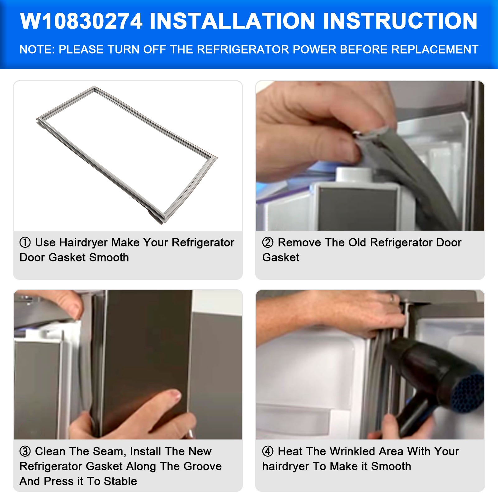W10830274 Joint de porte de congélateur pour réfrigérateur Maytag W10443273  W10294127