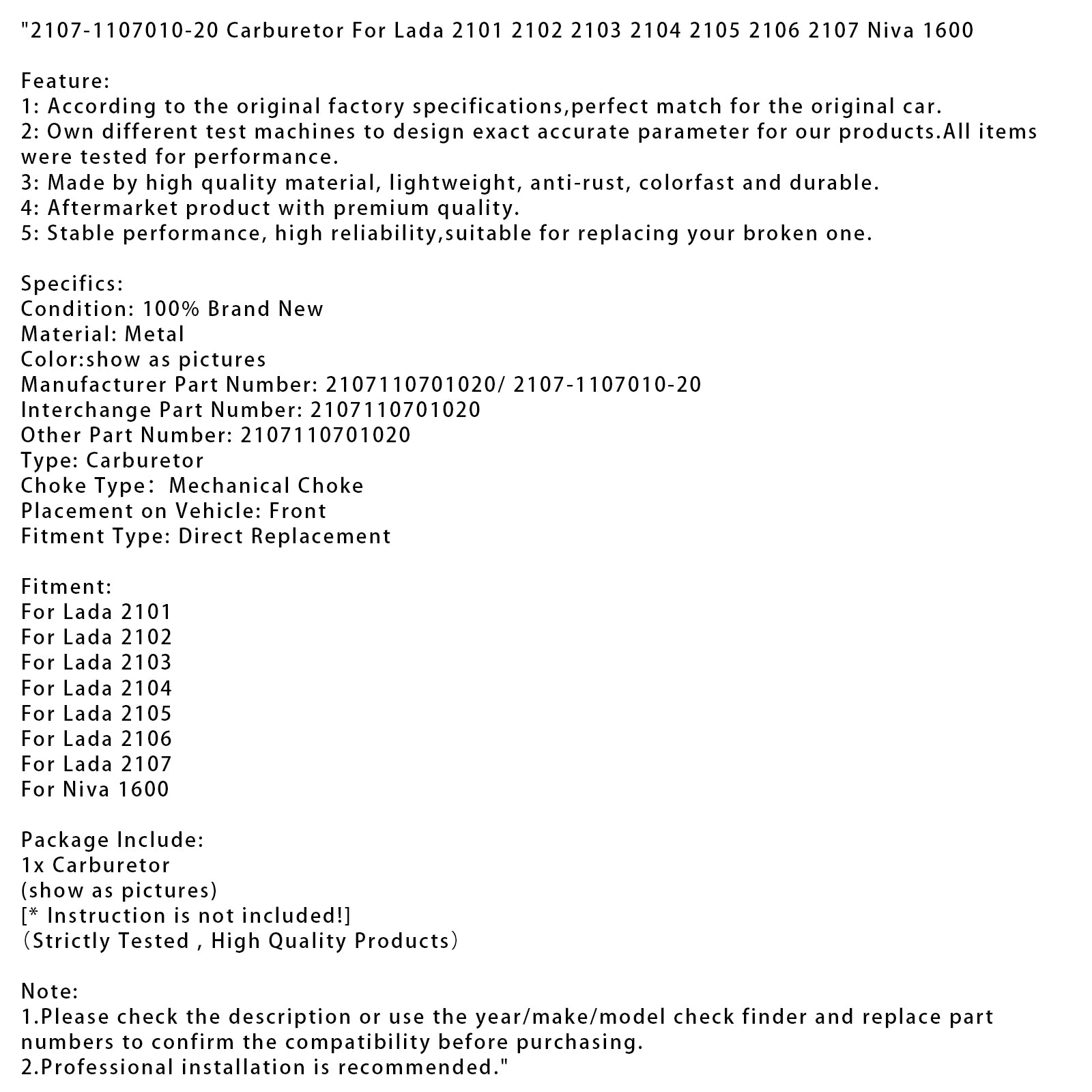 Lada 2101 2102 2103 2104 2105 2106 2107 Niva 1600 Förgasare 2107-1107010-20