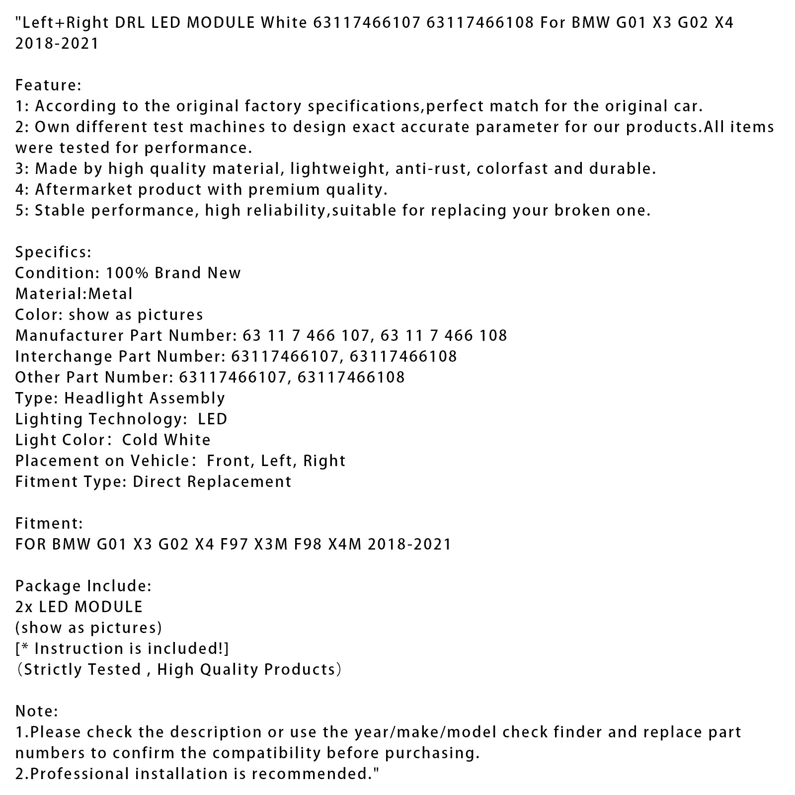 2018-2021 BMW G01 X3 G02 X4 F97 X3M F98 X4M Vľavo+pravý DRL LED modul biely 63117466107 63117466108