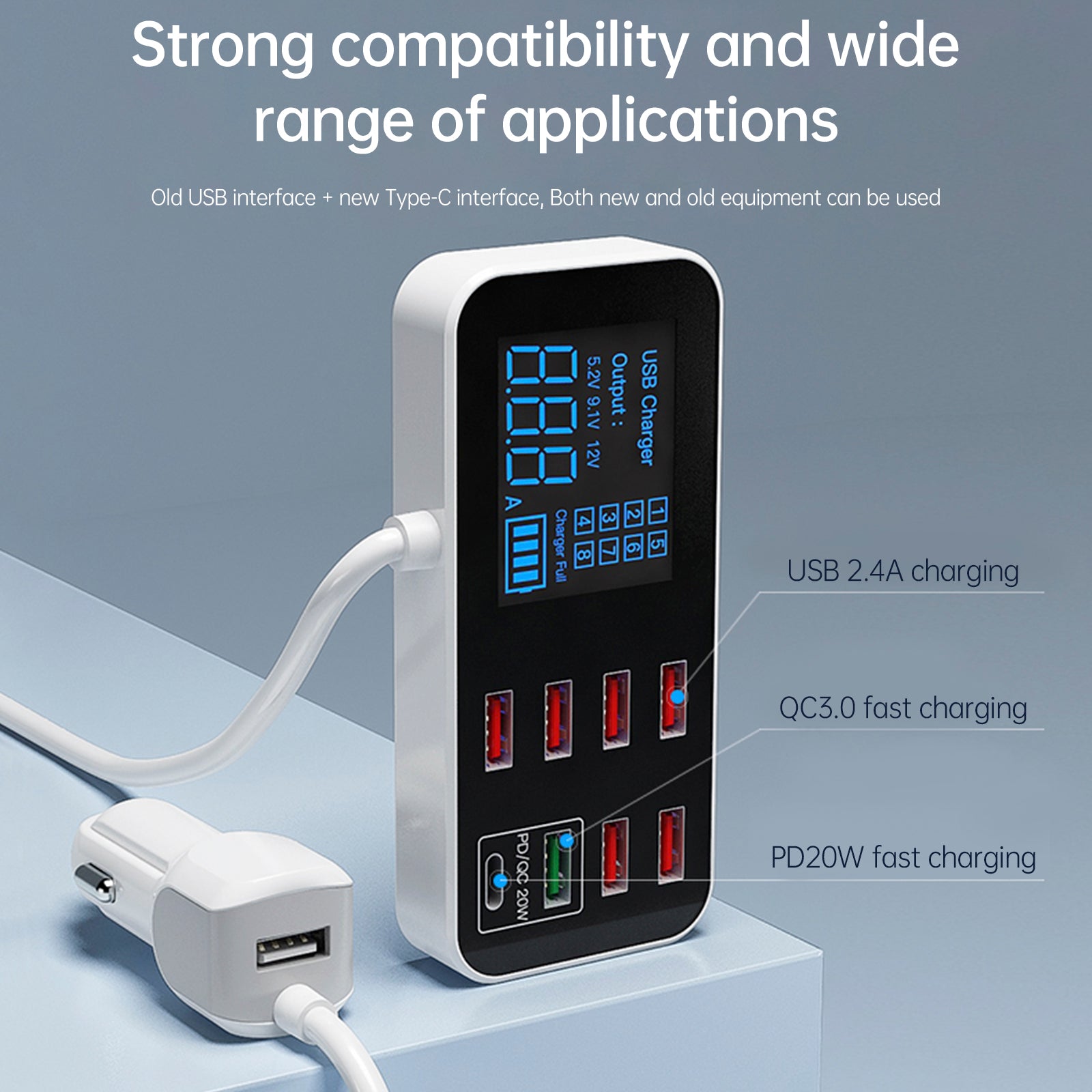 USB -lader PD5V1A QC3.0 Vis liten bil 8 Portbillader sigarettenner