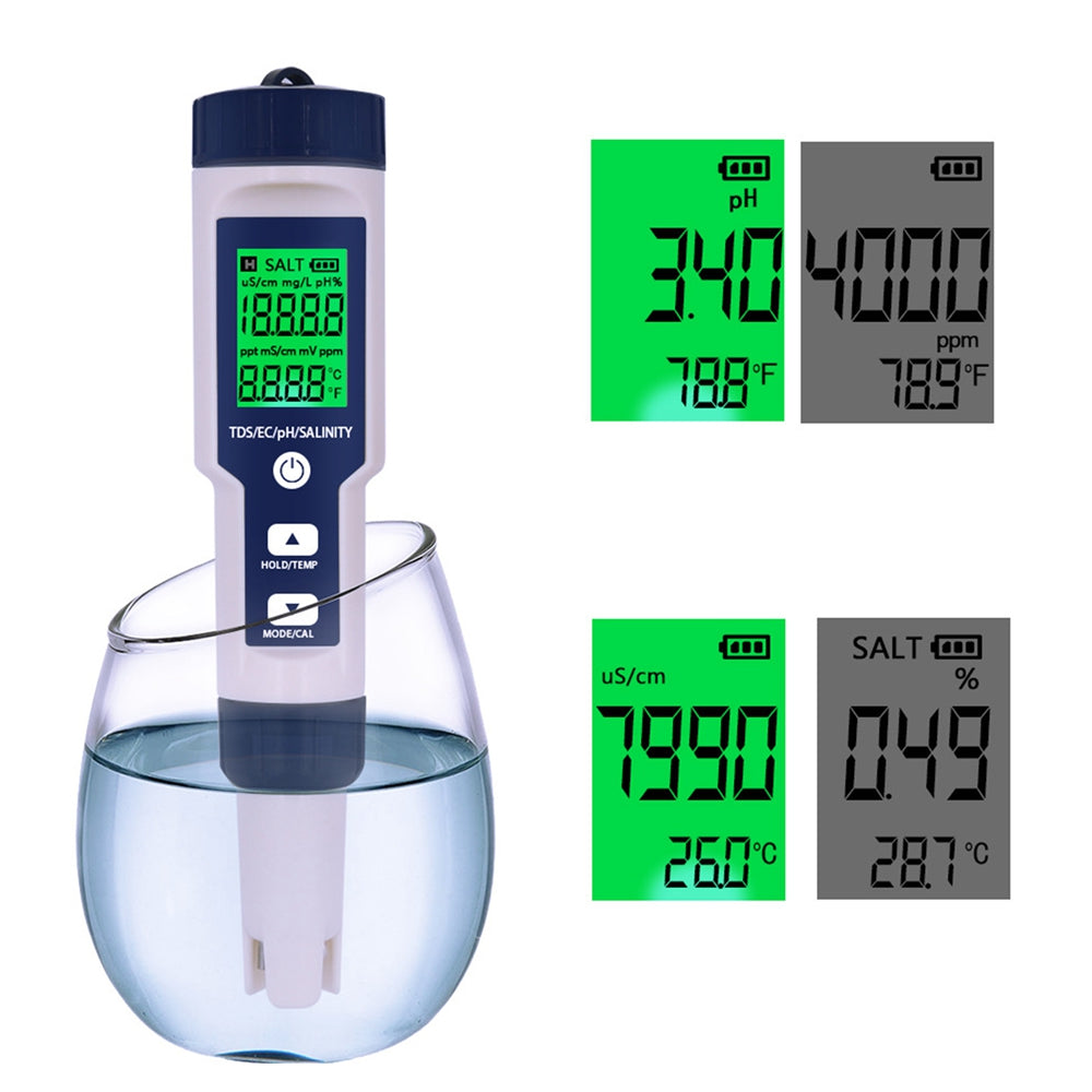 5in1 PH/TDS/EC/Zoutgehalte/Temperatuur Digitale Waterkwaliteit Tester Meter Testtool