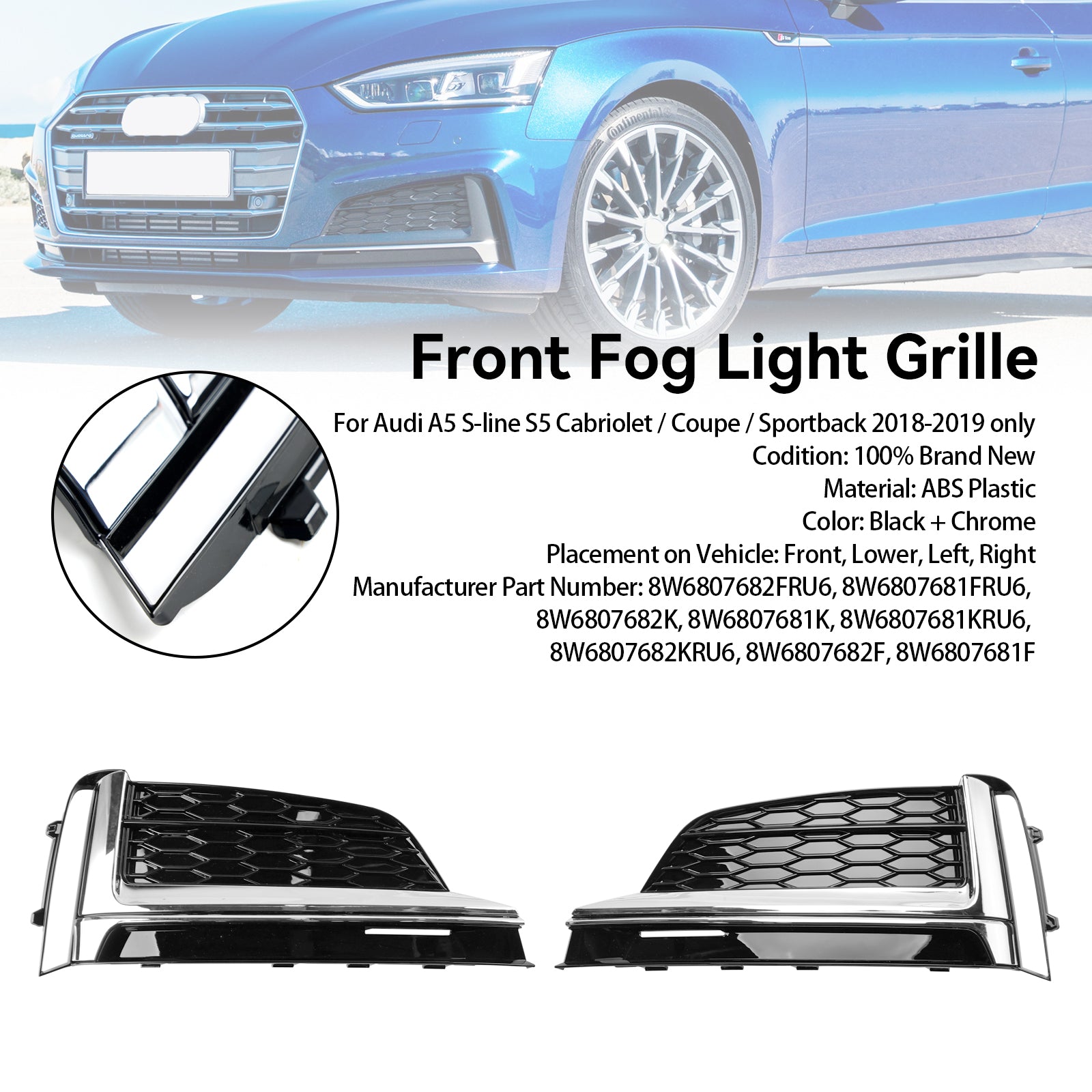 Garniture de couverture de calandre de phare antibrouillard de pare-chocs avant, 2 pièces, adaptée à Audi S5 A5 s-line 2018 – 2019