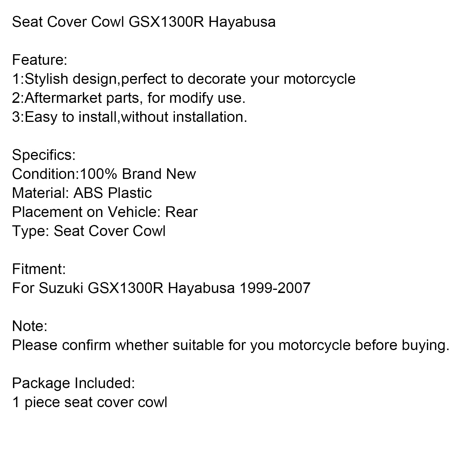 Rear Seat Fairing Cover For Suzuki GSX1300R GSX-R1300 Hayabusa 1999-2007