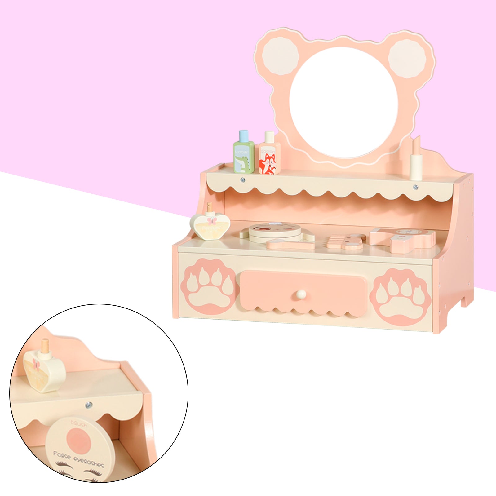Vanité de princesse pour enfants de 3 ans et plus, bureau de jeu de simulation avec 8 accessoires de maquillage, ensemble de vanité pour enfants avec tiroir de rangement, table de maquillage pour petites filles avec miroir