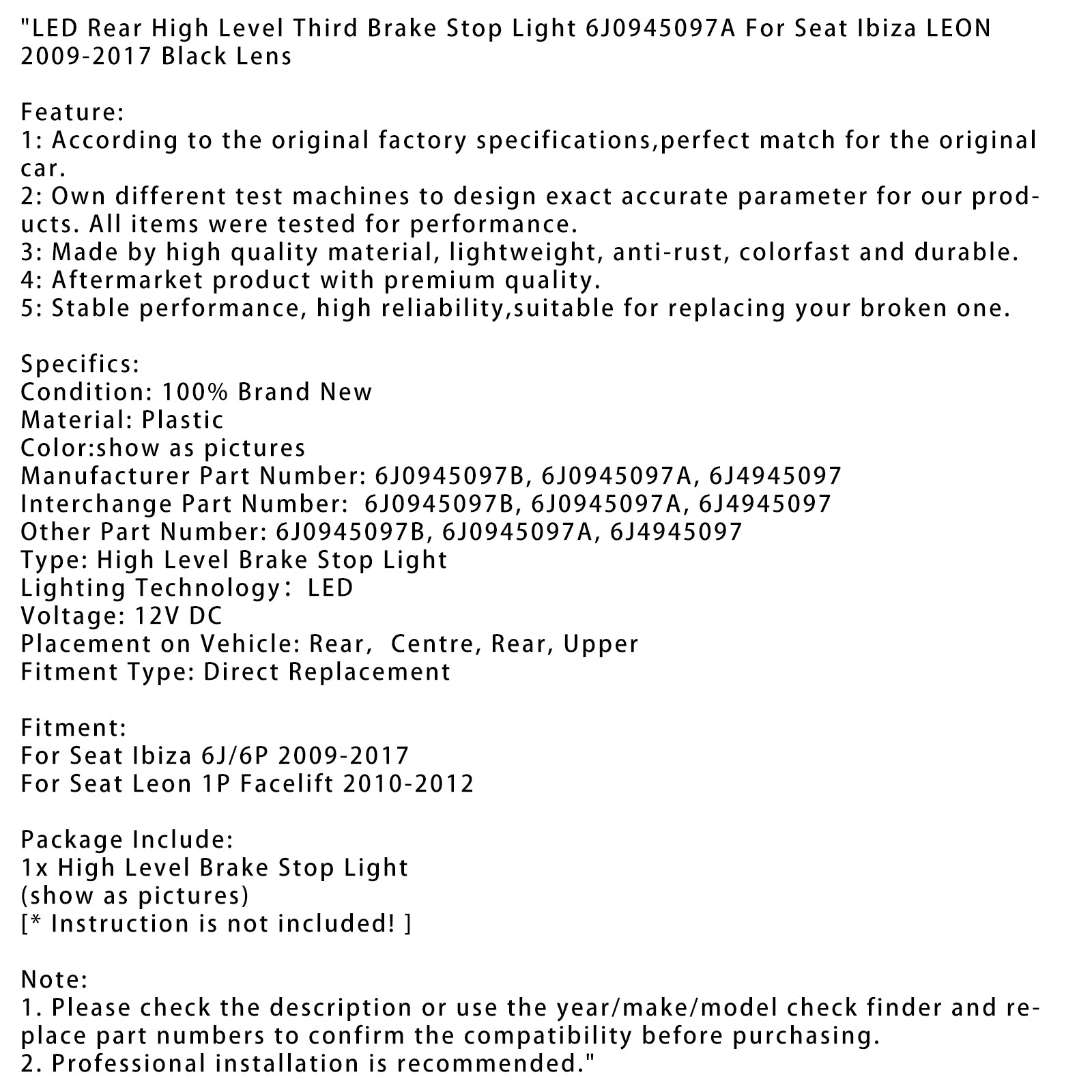 2010-2012 Seat Leon 1P Facelift LED Rear High Level Third Brake Stop Light 6J0945097A