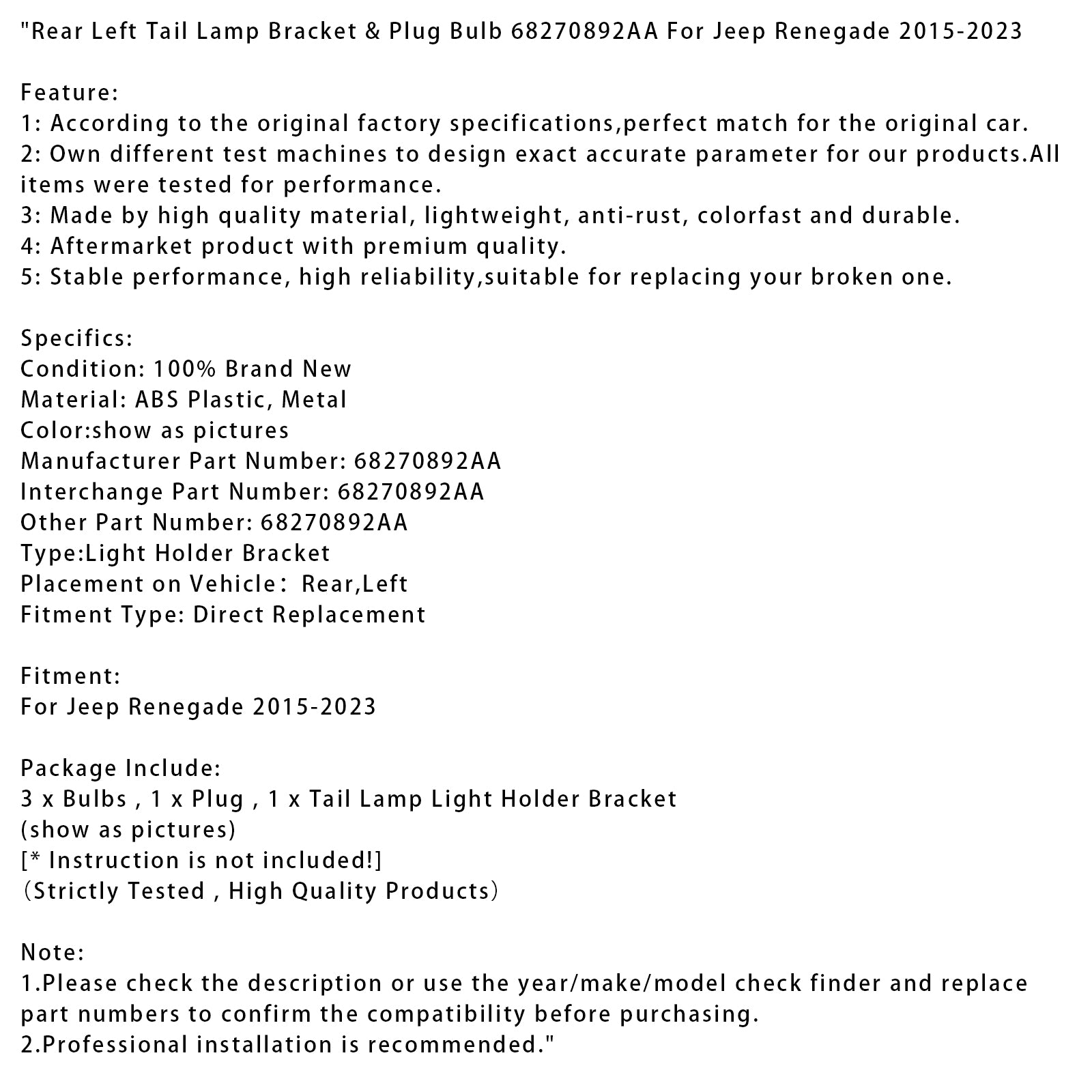 Držiak zadného ľavého zadného svetla pre Jeep Renegade 2015-2023 & Žiarovka do zástrčky 68270892AA