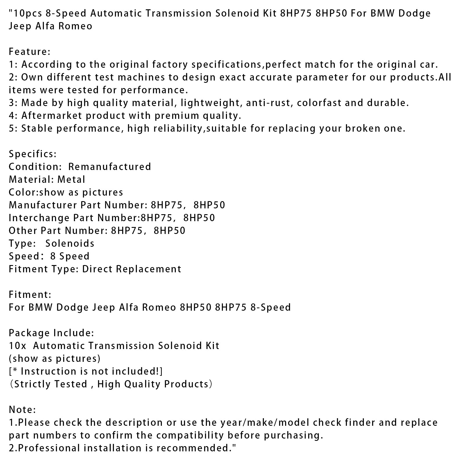 10st 8-växlad automatisk transmissionssolenoidkit 8HP75 8HP50 för BMW för Dodge Forjeep för Alfa för Romeo
