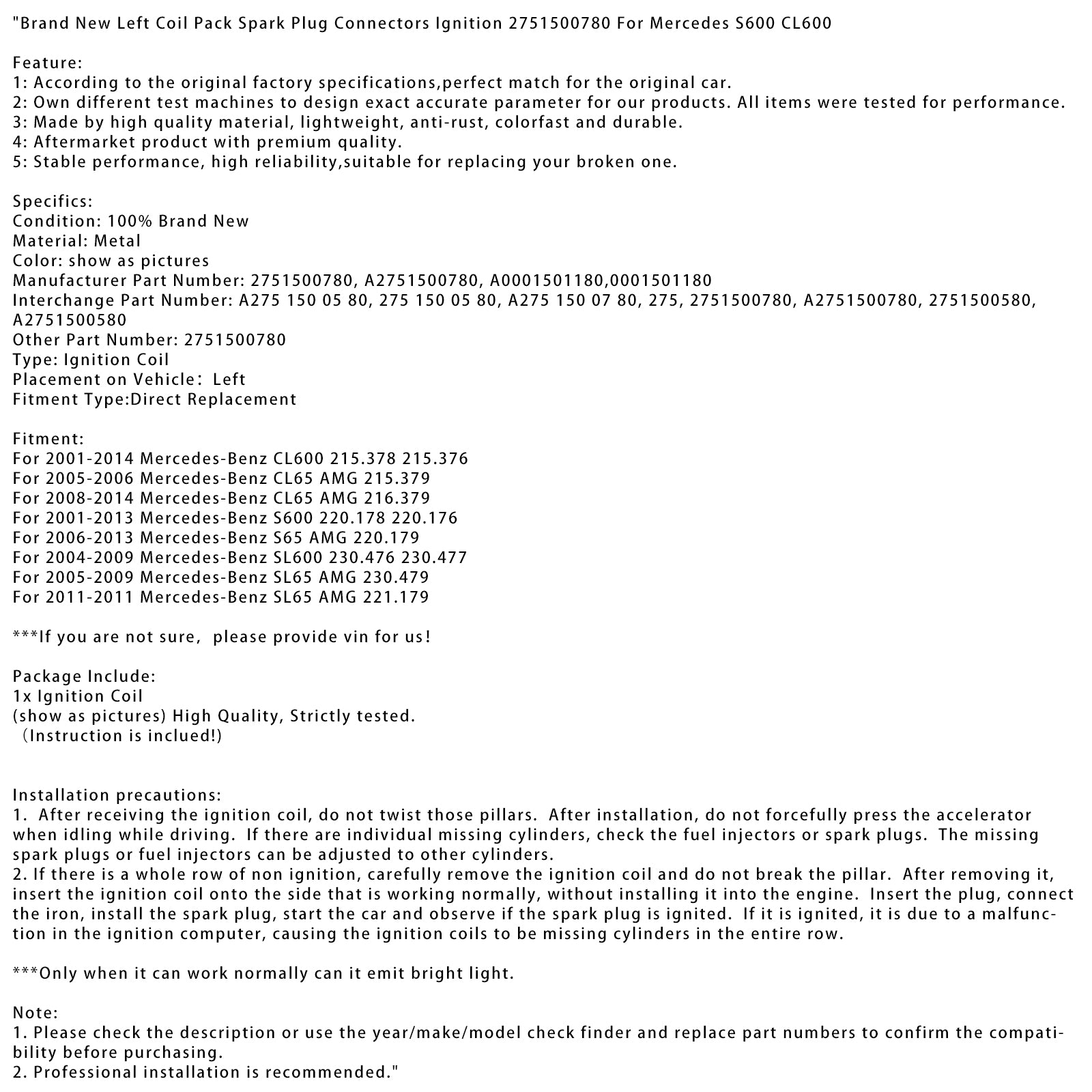 2008-2014 Mercedes-Benz CL65 AMG 216.379 Nieuw Links Bobinepakket Bougieconnectoren Ontsteking 2751500780