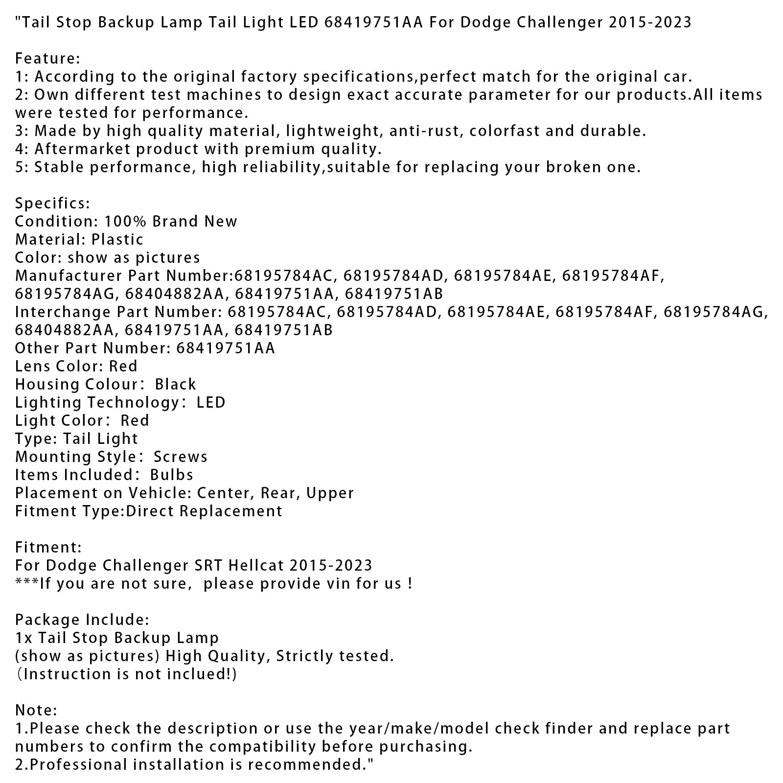 Záložná záložná lampa LAMP LIFT LED pre Dodge Challenger SRT Hellcat 2015-2023