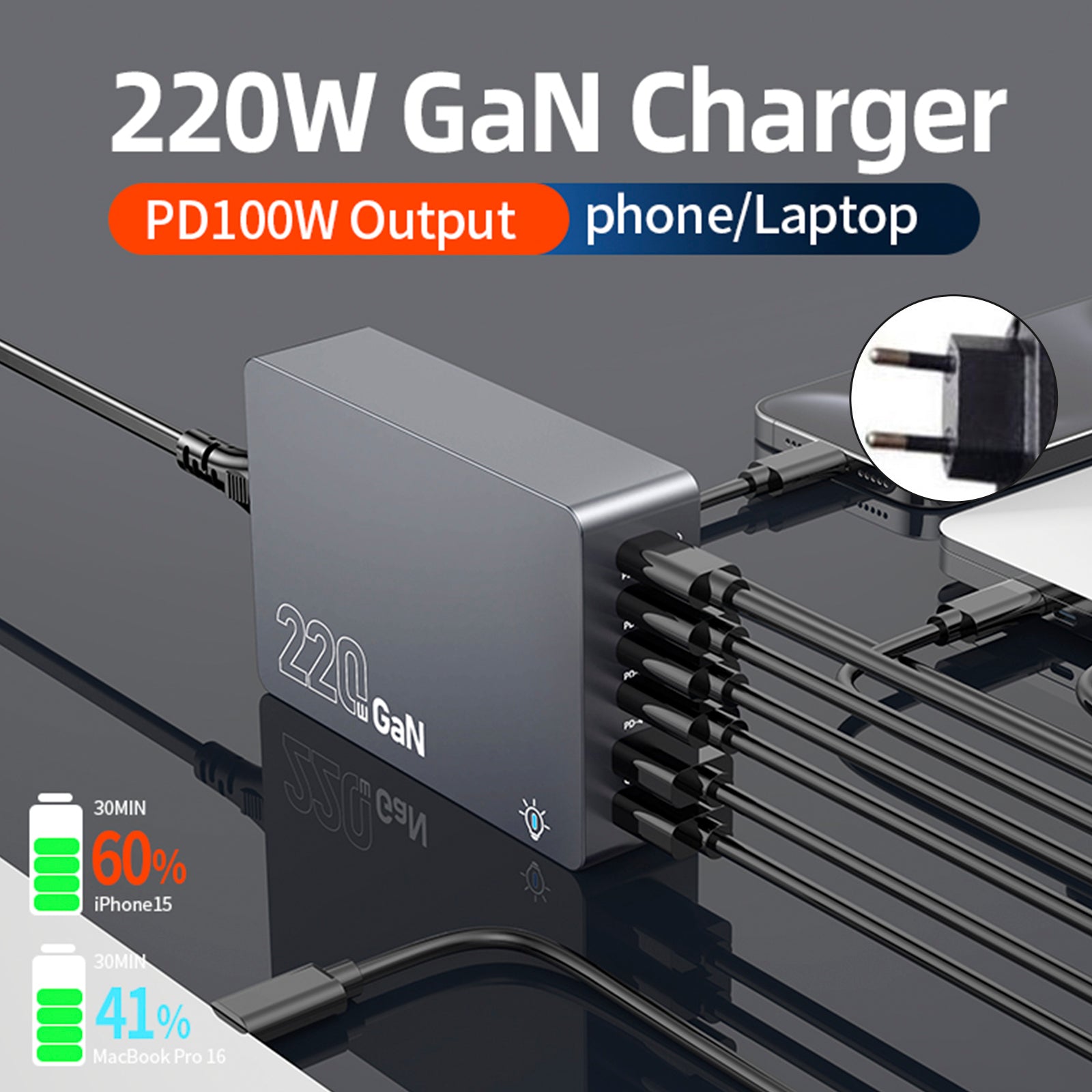 F8A Desktop Charging Station USB 6-Port Fast Charger PD100W ladestativ Smart lader EU-plugg