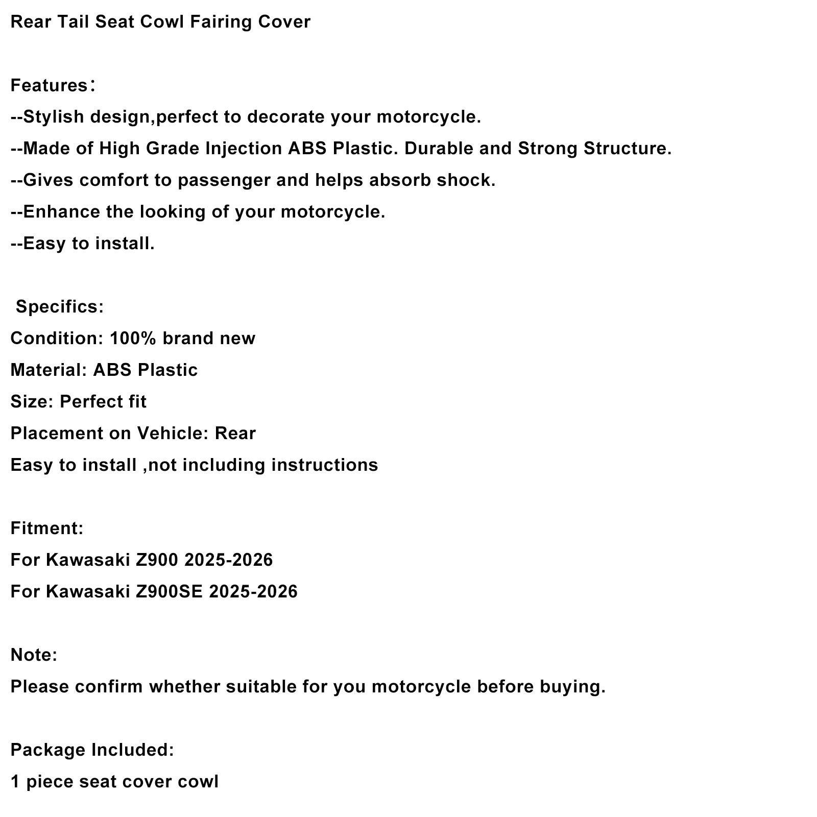 Rear Tail Seat Cowl Fairing Cover For Kawasaki Z900 Z900SE 2025-2026