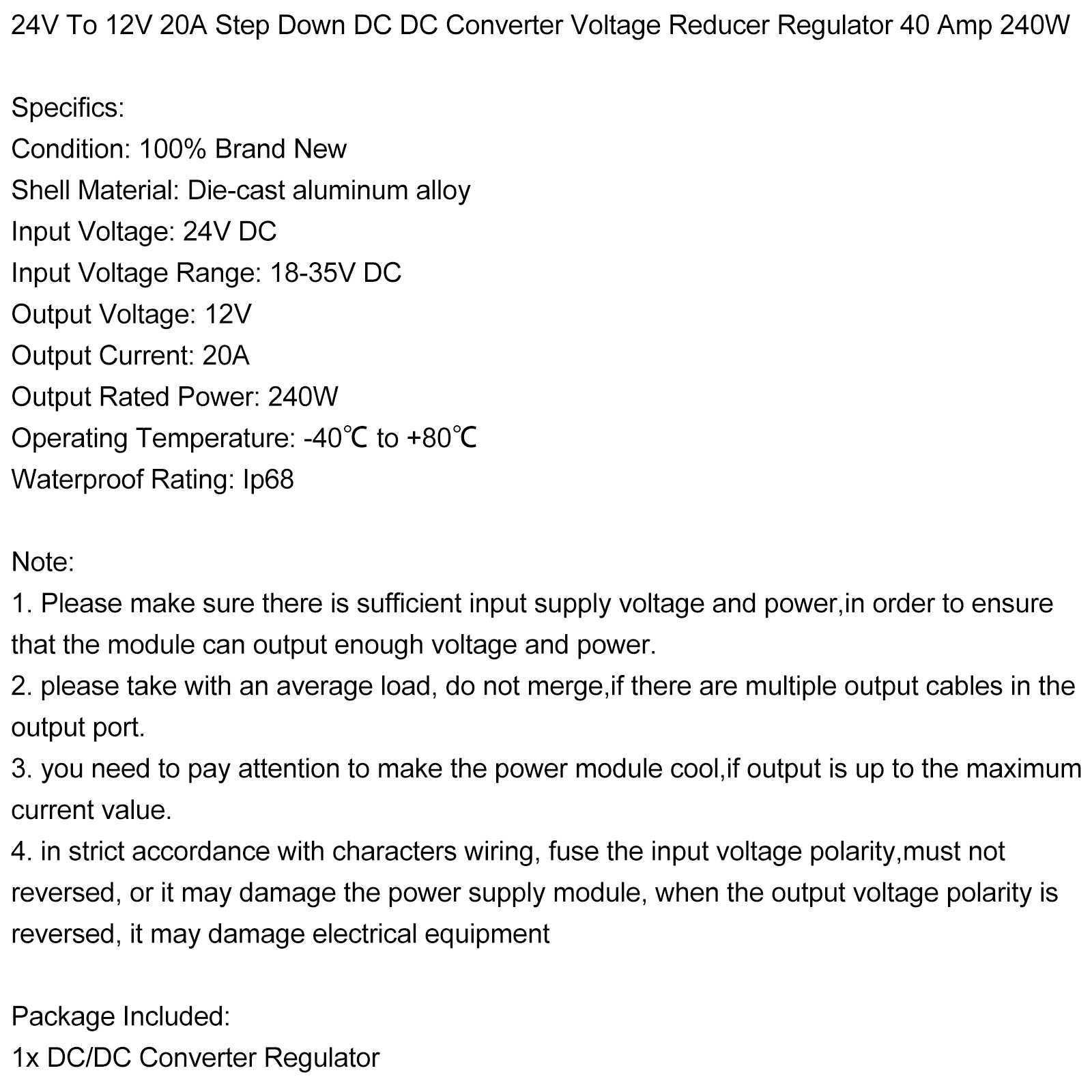 WaterProof 24V to 12V 20A 240W Step Down DC/DC Power Converter Regulator