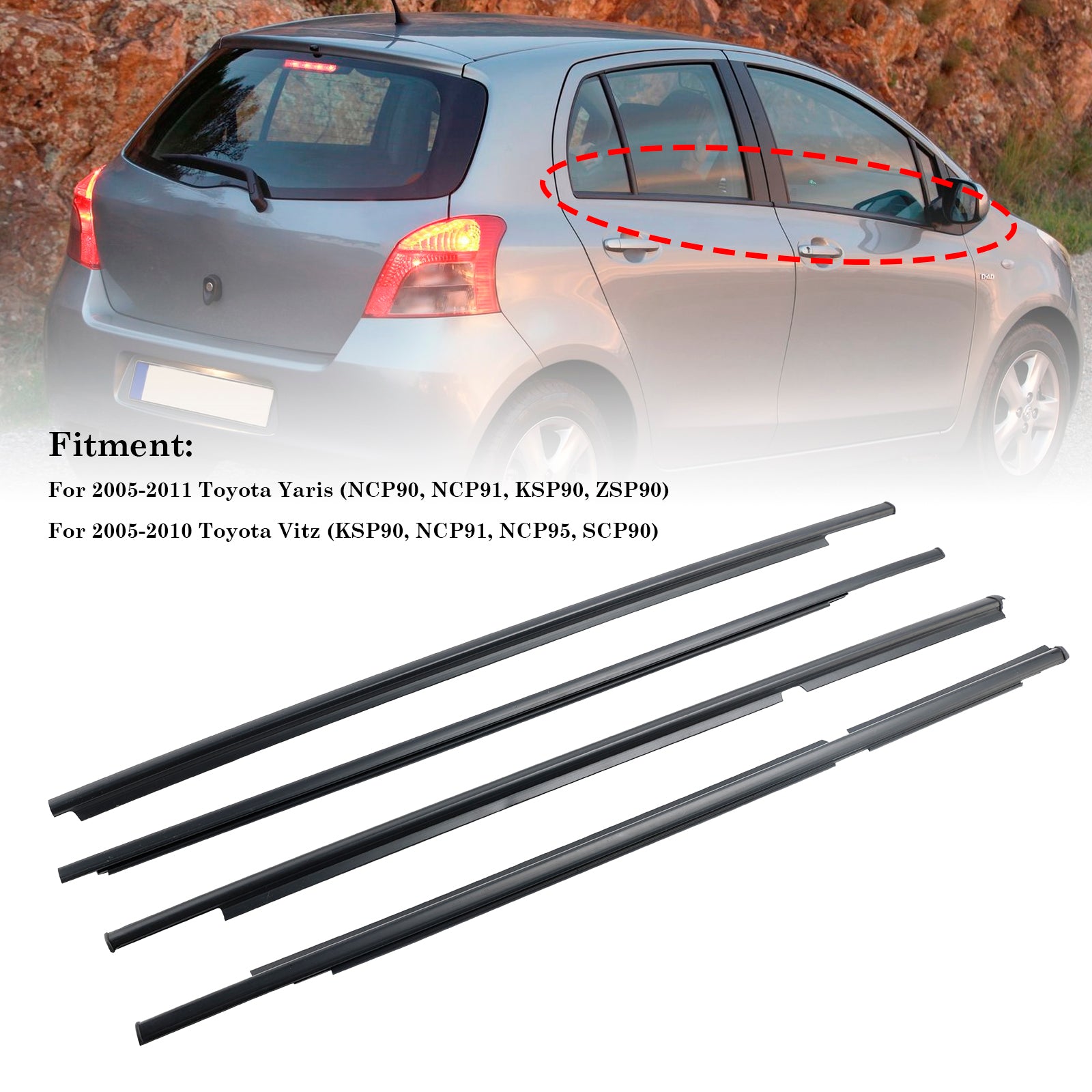 4pcs Outer Door Glass Weatherstrip Moulding For Toyota Yaris Vitz 2005-2010