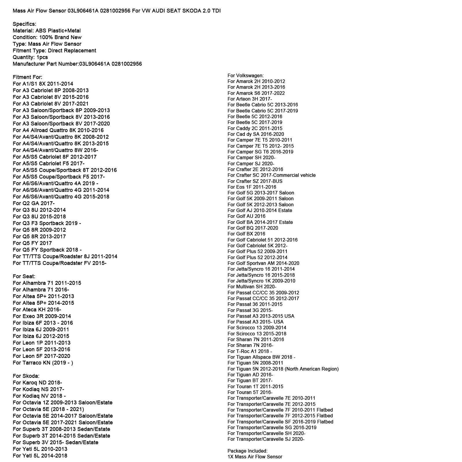Luftmasssensor 03L906461A 0281002956 För VW AUDI SEAT SKODA 2.0 TDI