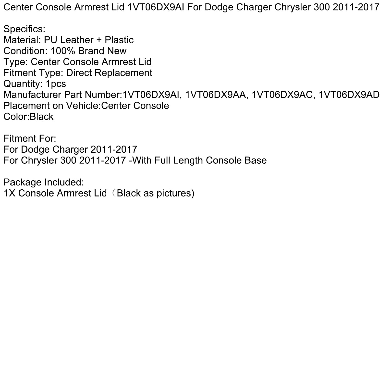 2011-2017 Dodge Charger Chrysler 300 Center Console Armrest Lid 1VT06DX9AI