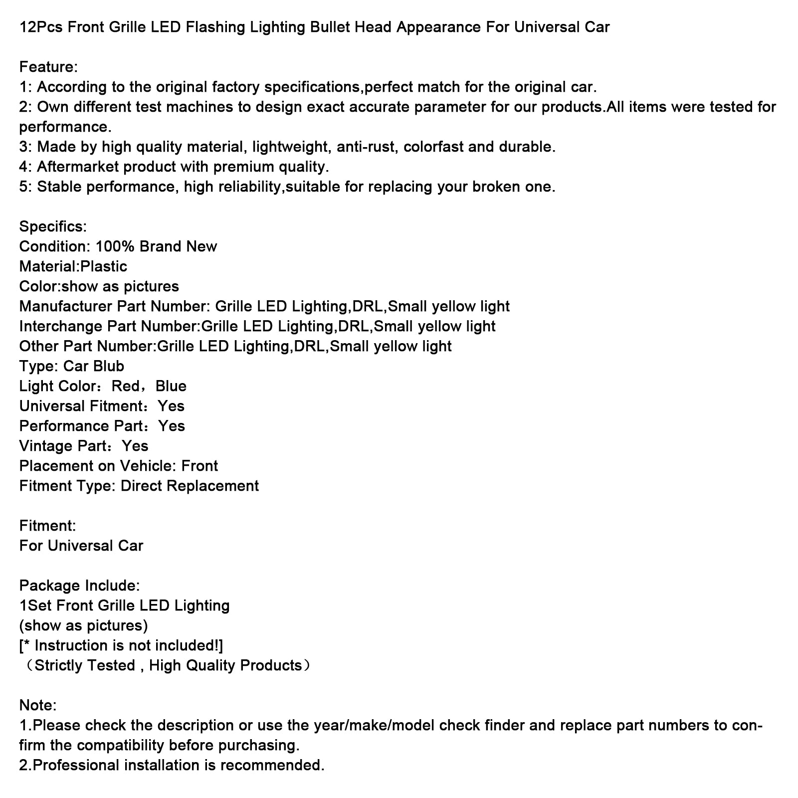 12pcs Palette avant LED clignotant l'éclairage Bullet Head pour la voiture universelle