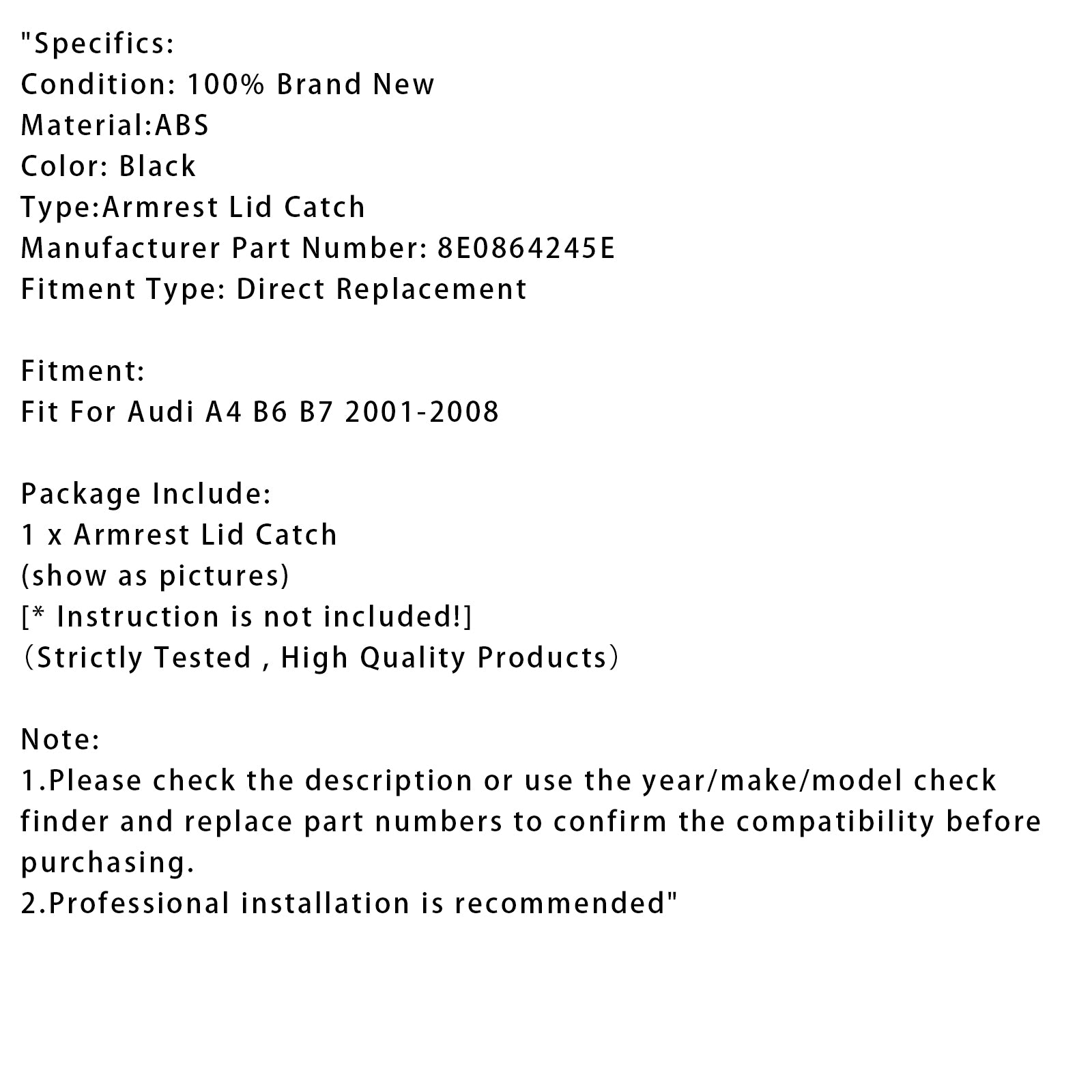 2001-2008 Audi A4 B6 B7 Black Console Center Armrest Lid Latch 8E0864245E