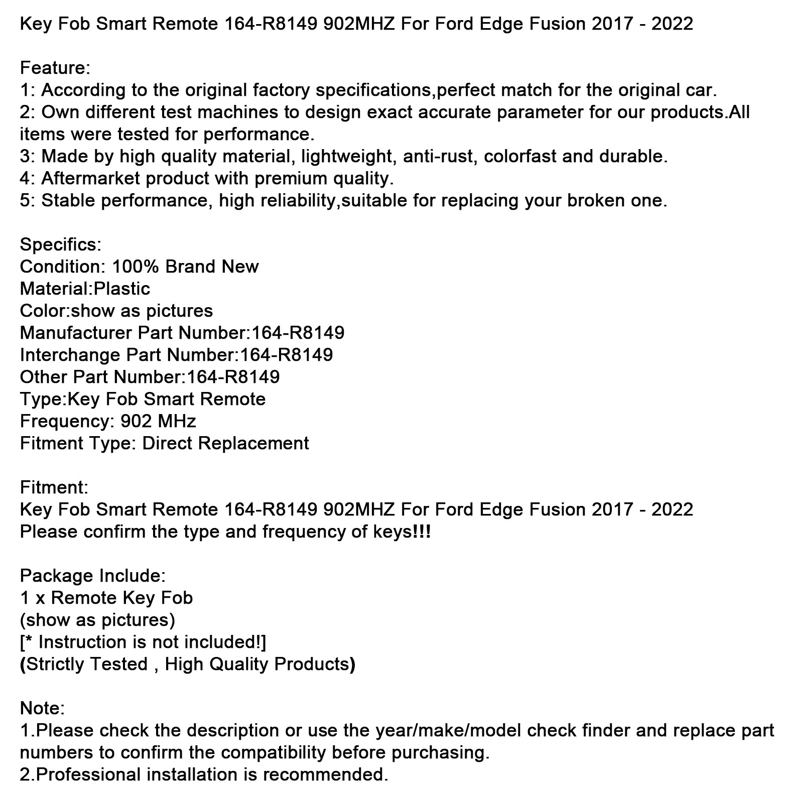 Télécommande intelligente 164-R8149 902MHZ de porte-clés Ford Edge Fusion 2017-2022