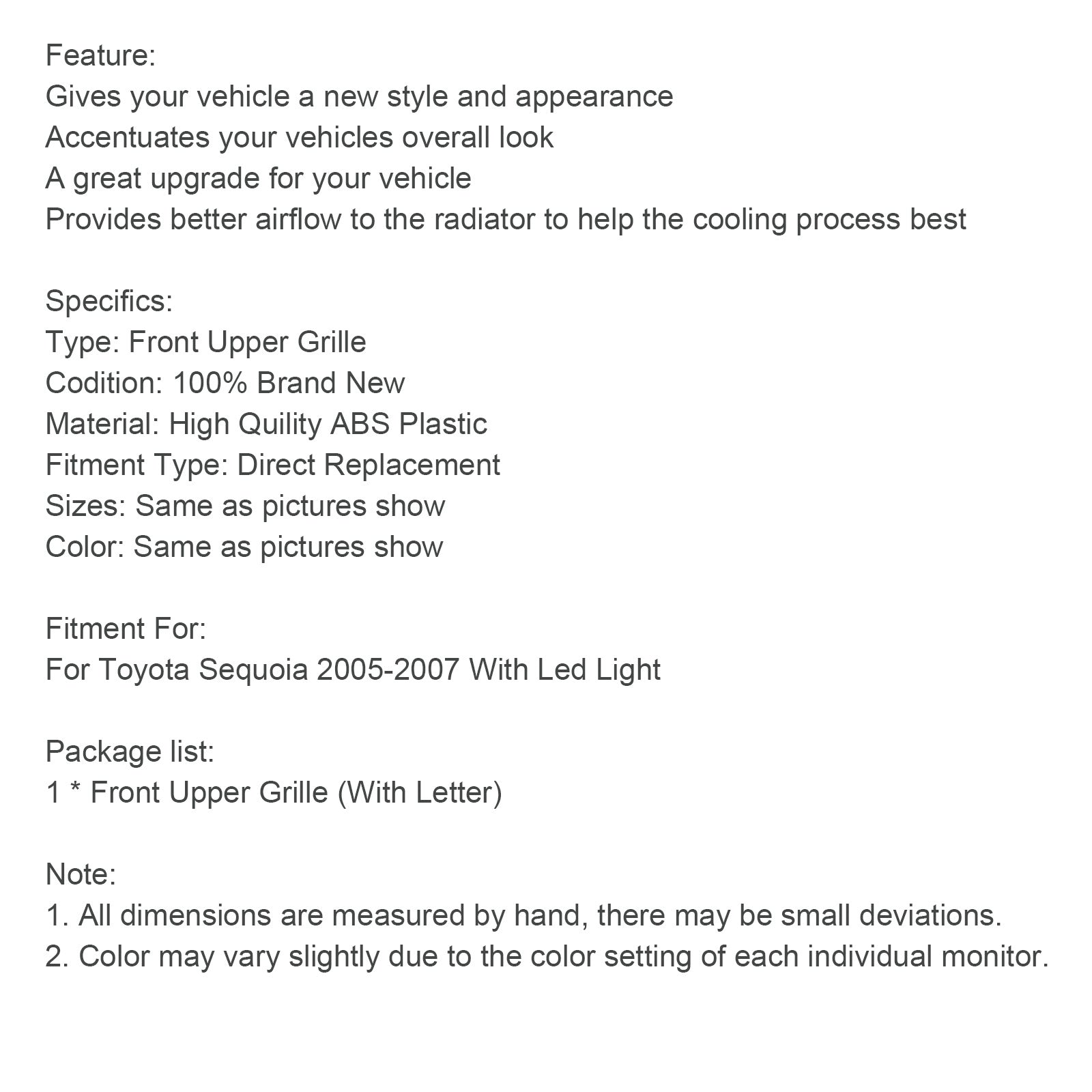 Matte Black Front Bumper Grill Grille Fit Toyota Sequoia 2005-2007 W/ Led Light