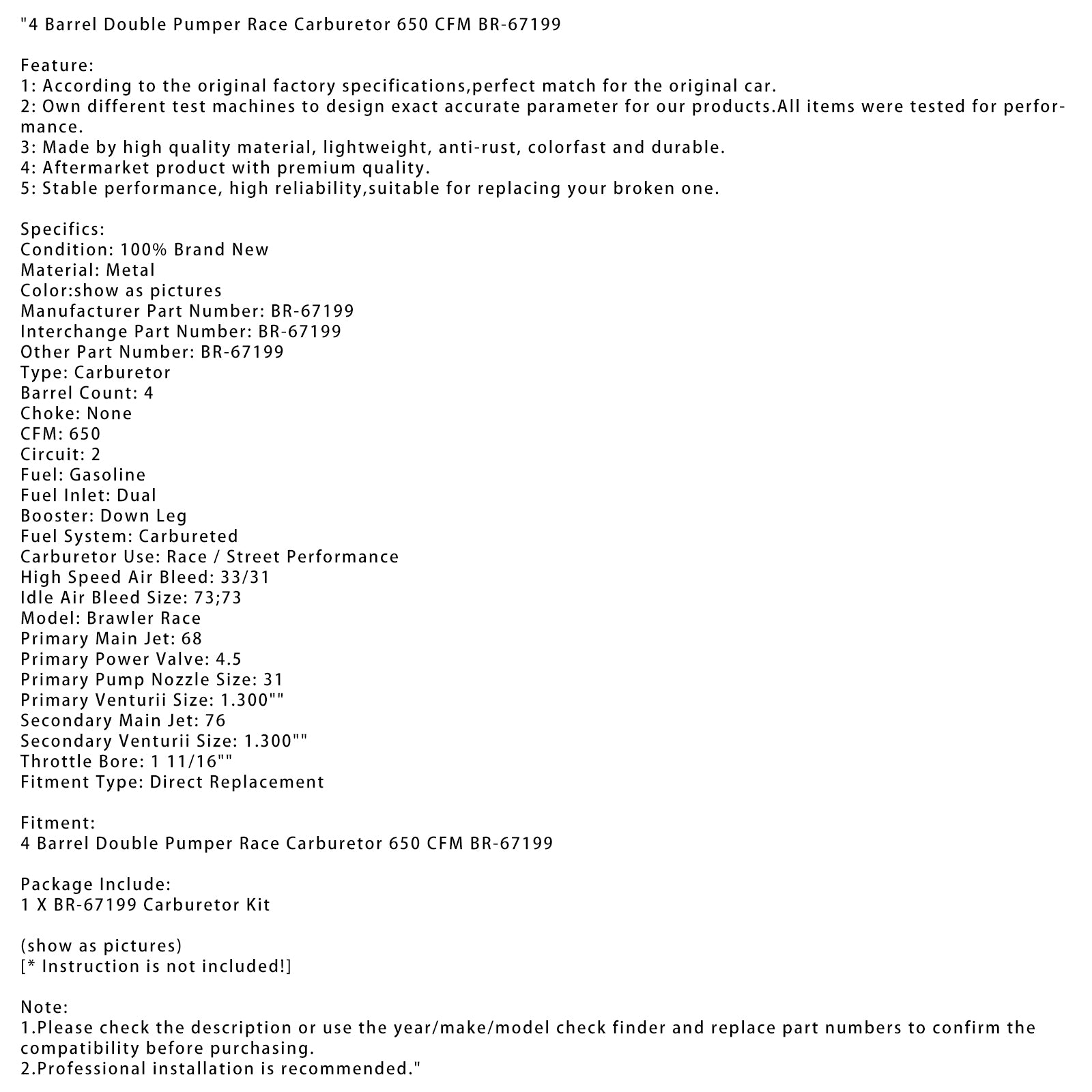 4 Barrel Double Pumper Race Carburetor 650 CFM BR-67199