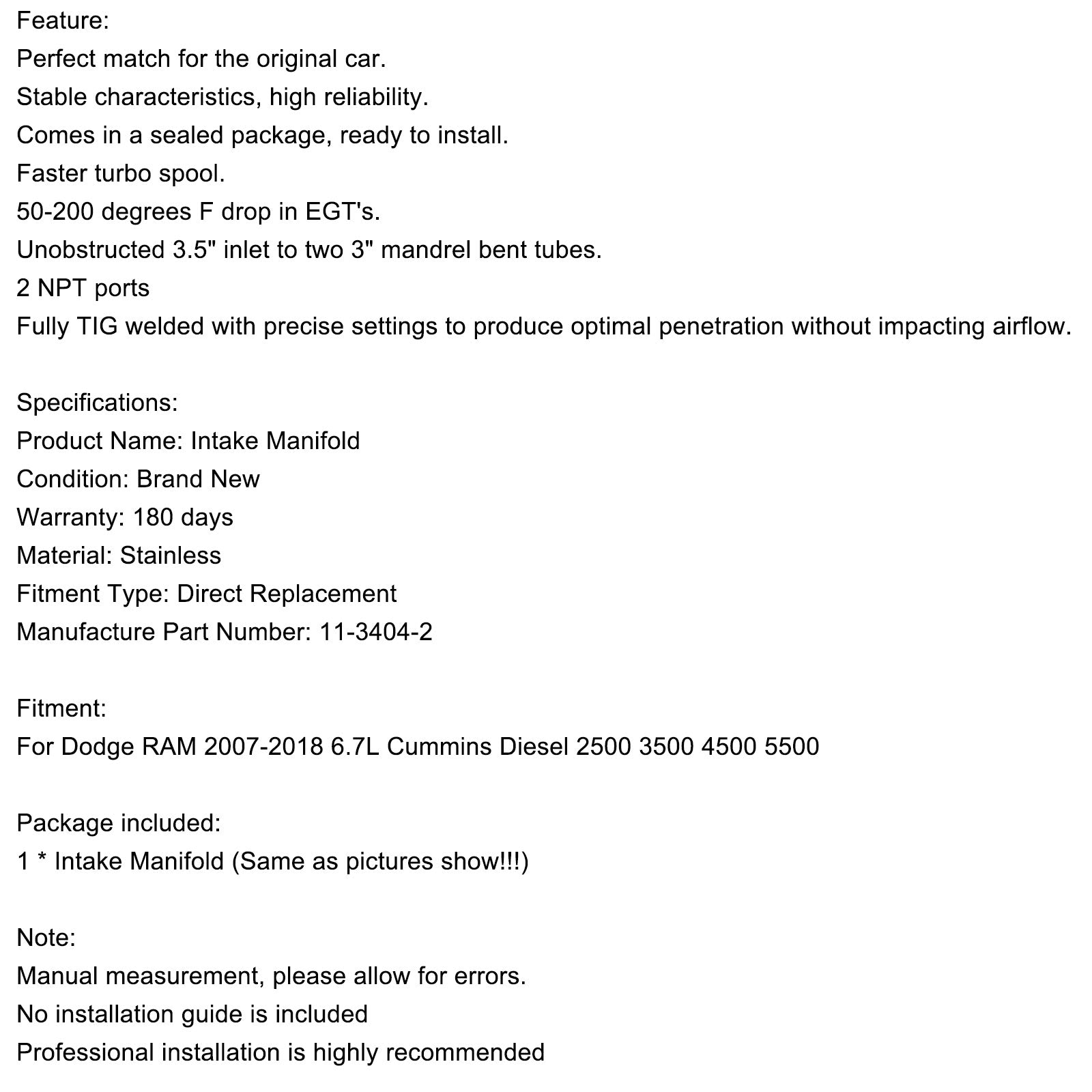 3.5" Collecteur d'admission compatible avec Dodge RAM 2007-2018 6,7 L Diesel 2500 3500 4500 5500