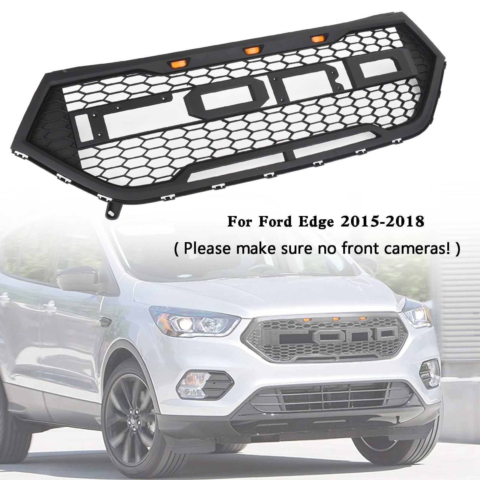 Edge Raptor Style Front Bumper Grill Upper Grille Black For Ford Edge 2015-2018