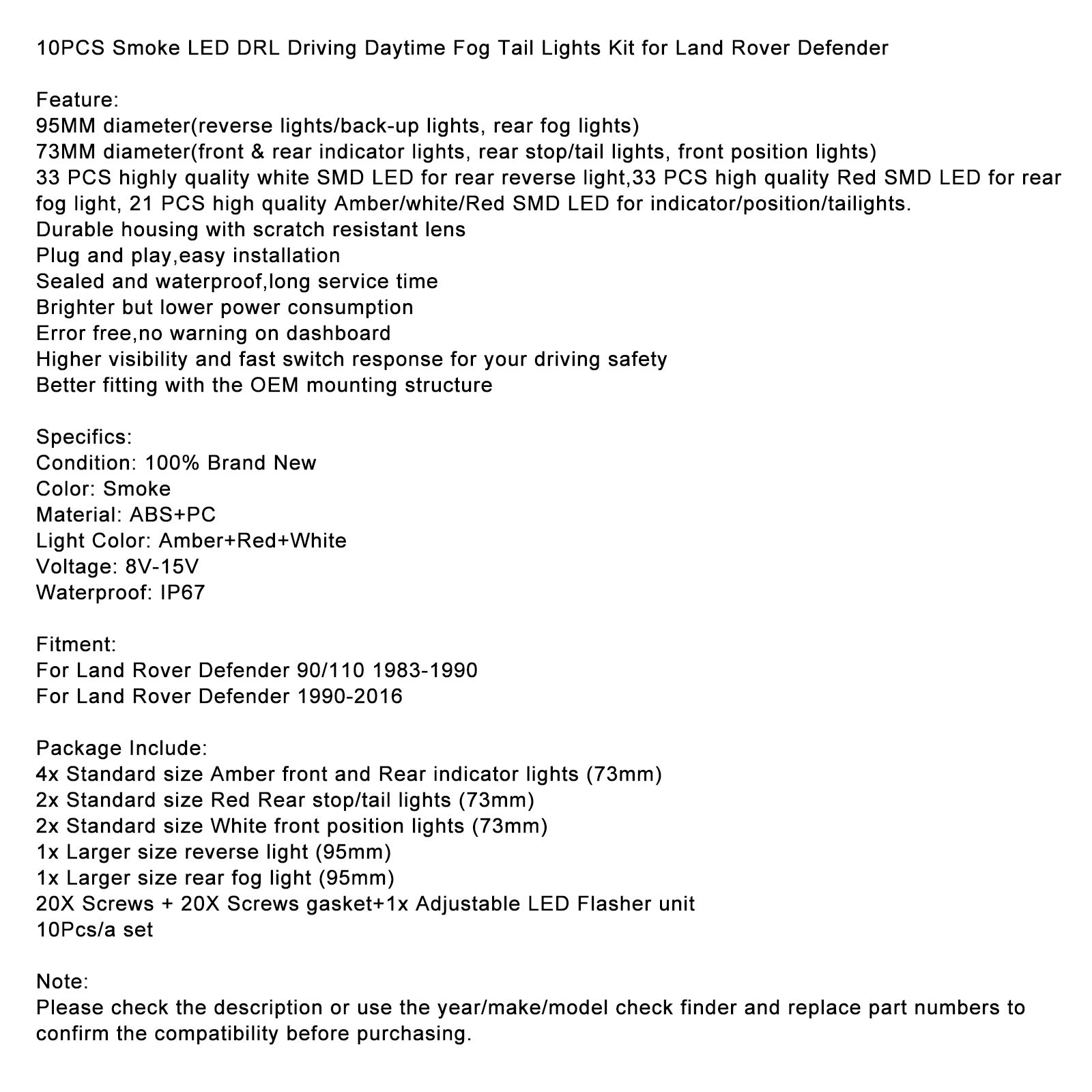 1983-1990 Land Rover Defender 90/110 fumée LED DRL conduite feux arrière antibrouillard Kit 10 pièces