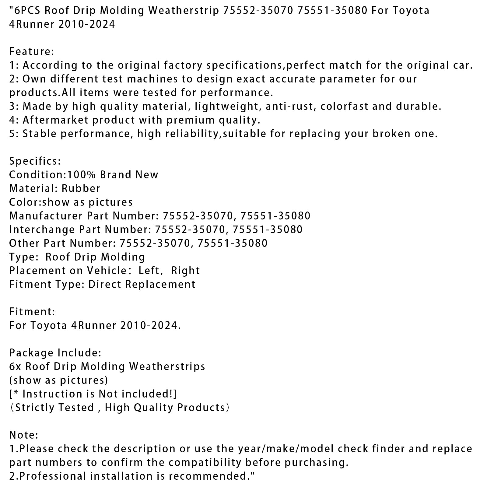 6PCS Roof Drip Molding Weatherstrip 75552-35070 75551-35080 For Toyota 4Runner