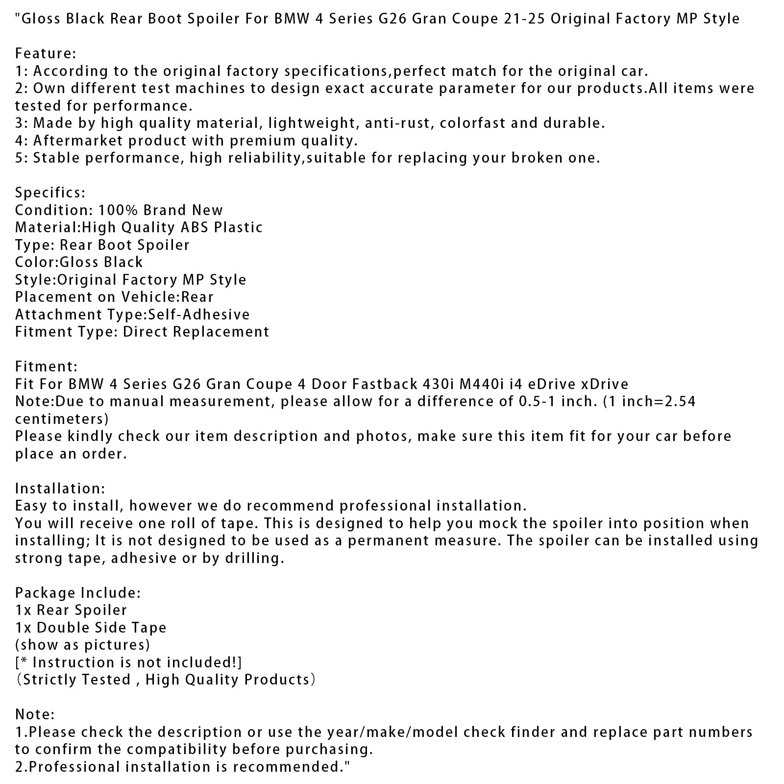 2021-2025 BMW 4 Series G26 Gran Coupe MP Style Gloss Black Rear Boot Spoiler