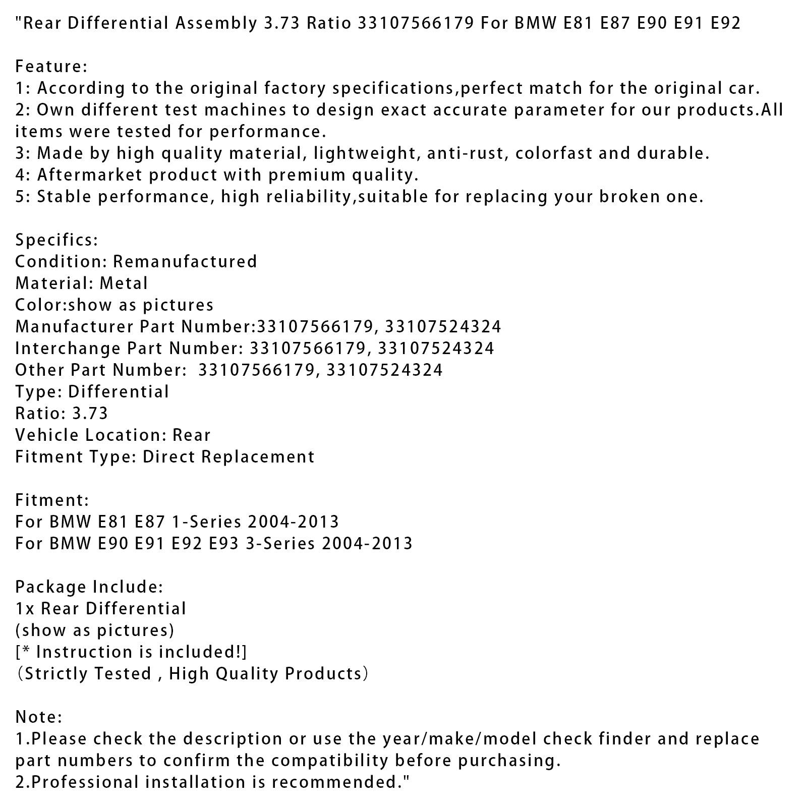 2004-2013 BMW E90 E91 E92 E93 3-Series Rear Differential Assembly 3.73 Ratio 33107566179