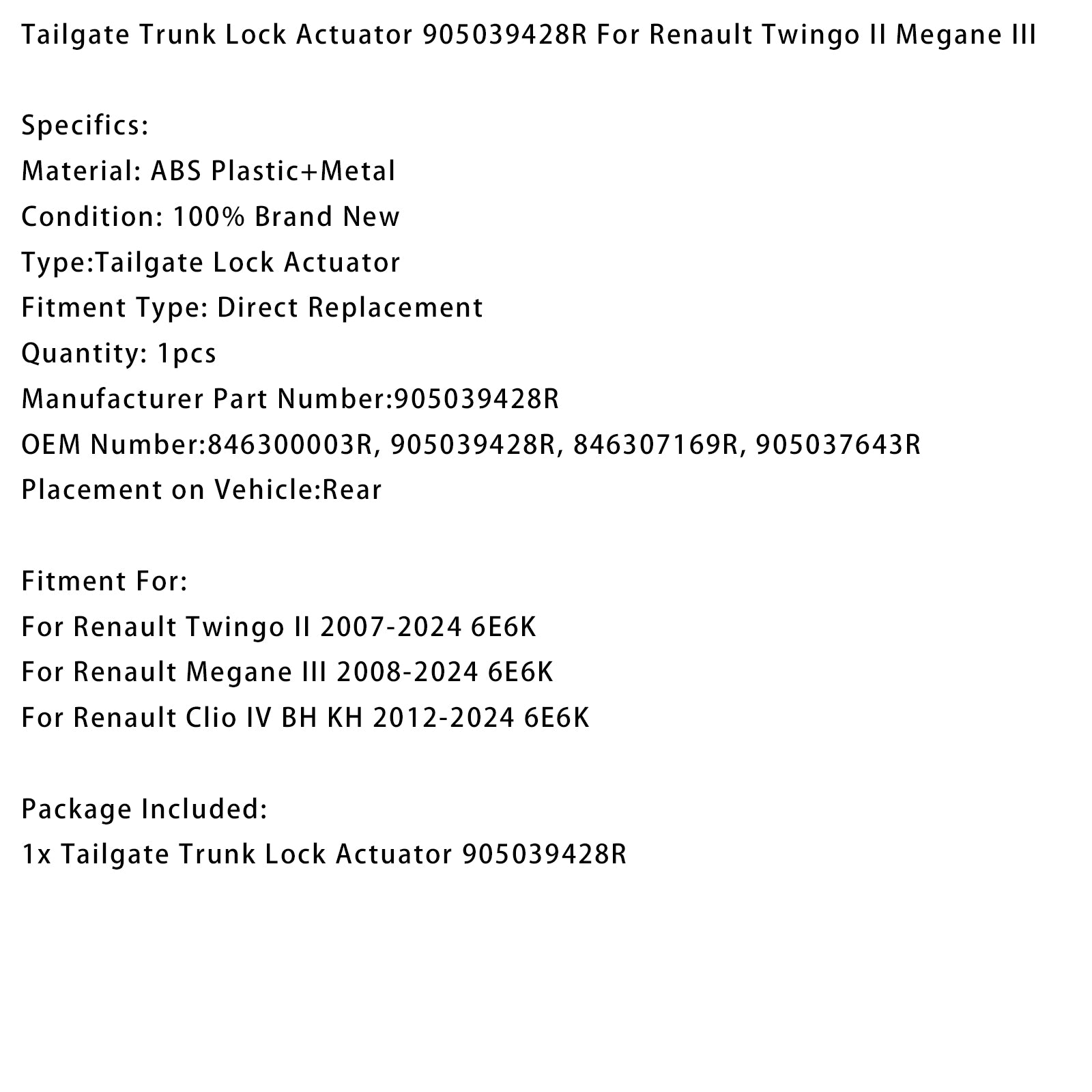 Tailgate Trunk Lock Actuator 905039428R For Renault Twingo II Megane III