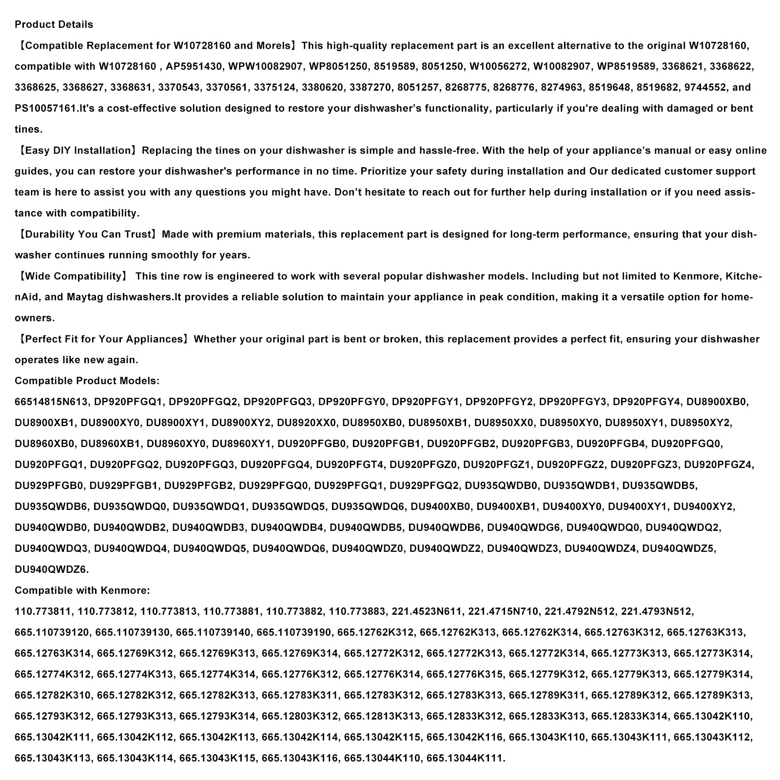 Reemplazo AP5951430 WP8051250 Fila de púas del lavavajillas W10728160 Para Kenmore/KA/Maytag