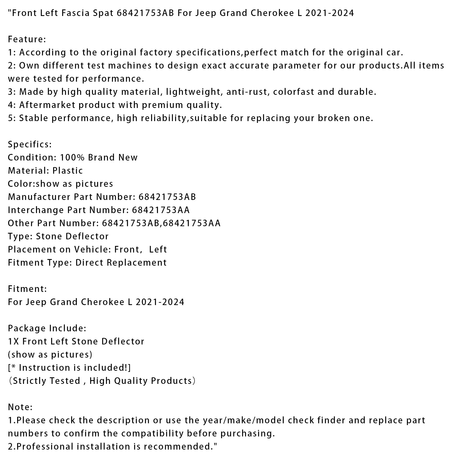 2021-2024 Jeep Grand Cherokee L Fascia delantera izquierda Spat 68421753AB