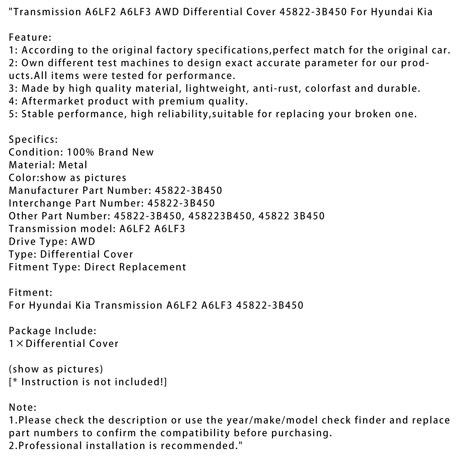 Tampa diferencial de transmissão Hyundai Kia 45822-3B450 A6LF2 A6LF3