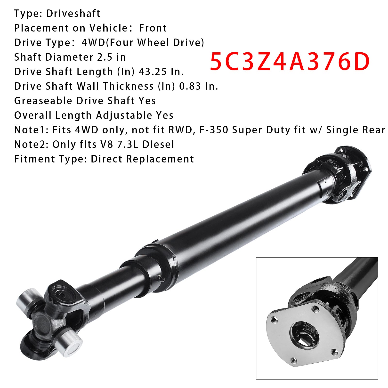 Front Driveshaft Assembly 5C3Z4A376D For Ford F-250 F-350 Super Duty 4WD V8 7.3L