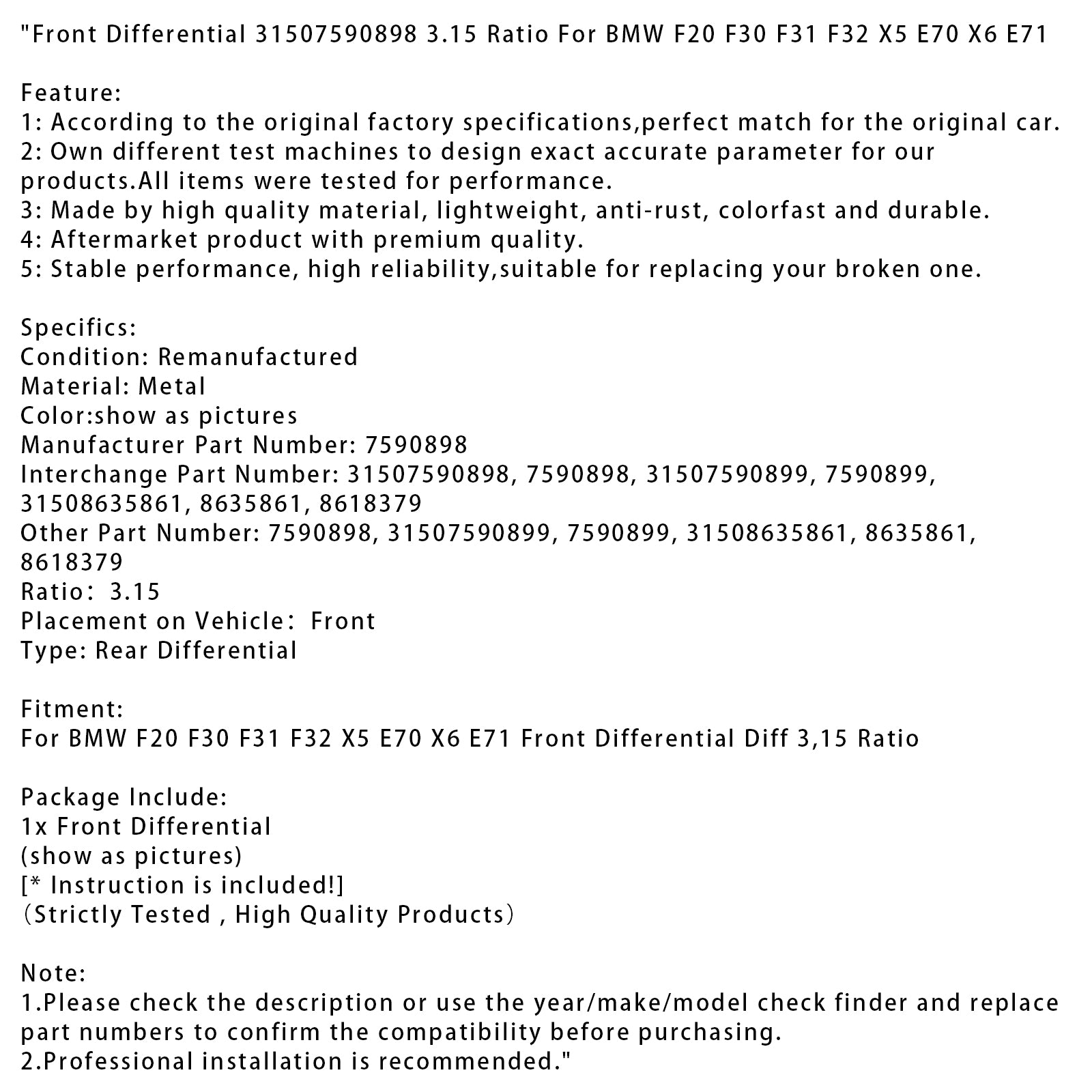 BMW F20 F30 F31 F32 X5 E70 X6 E71 Diferencial frontal 31507590898 3,15 Razão 7590898 31507590898