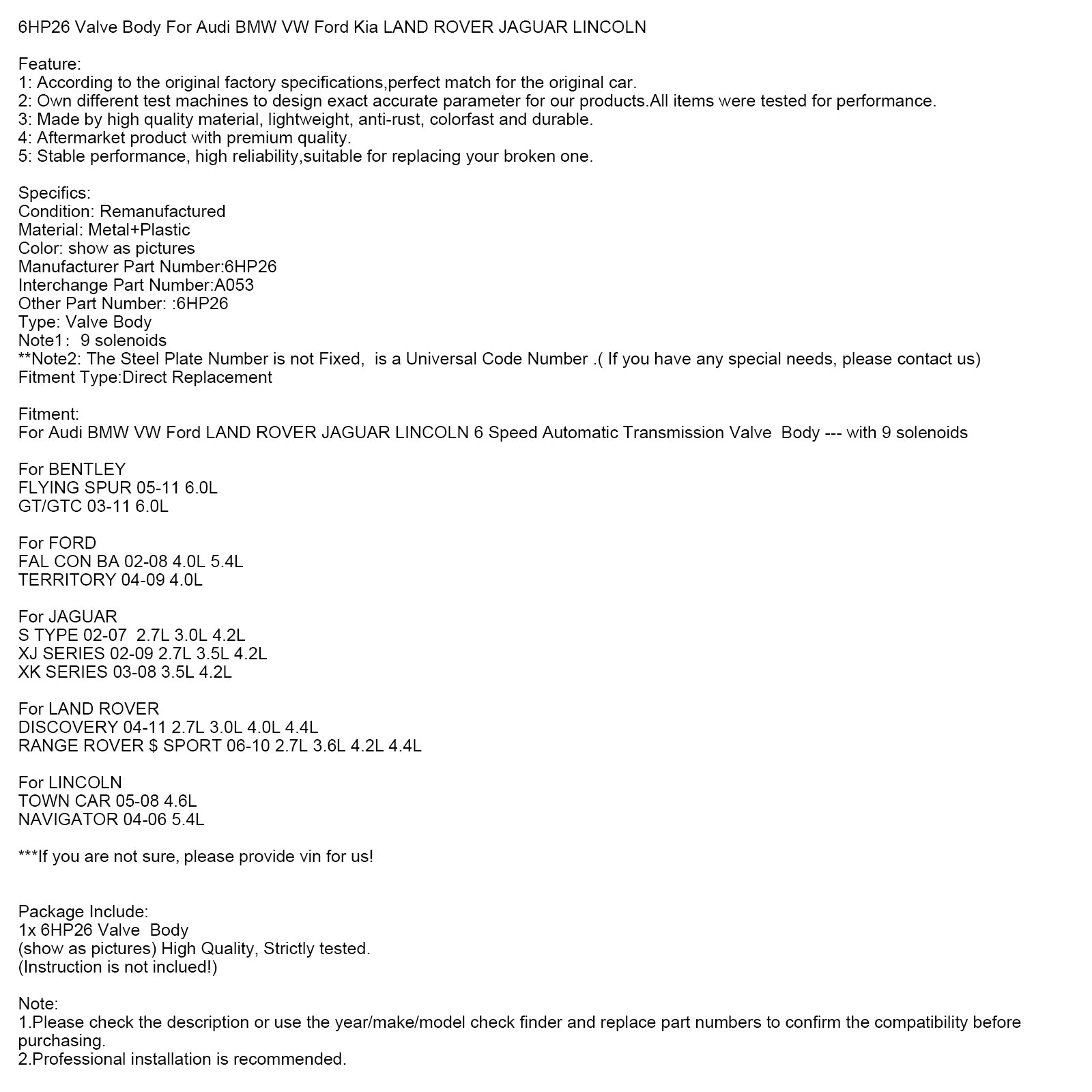 6HP26 Valve Body For Audi BMW VW Ford JAGUAR