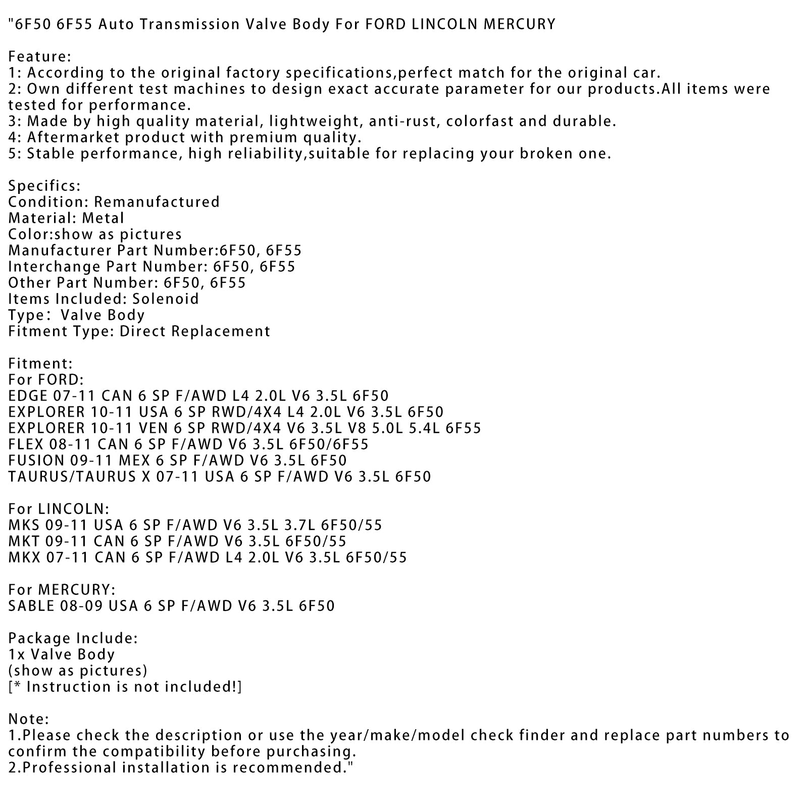 2010-2011 Ford Explorer VEN 6 SP RWD/4X4 V6 3.5L V8 5.0L 5.4L 6F55 Automatische Transmissie Klephuis 6-Speed