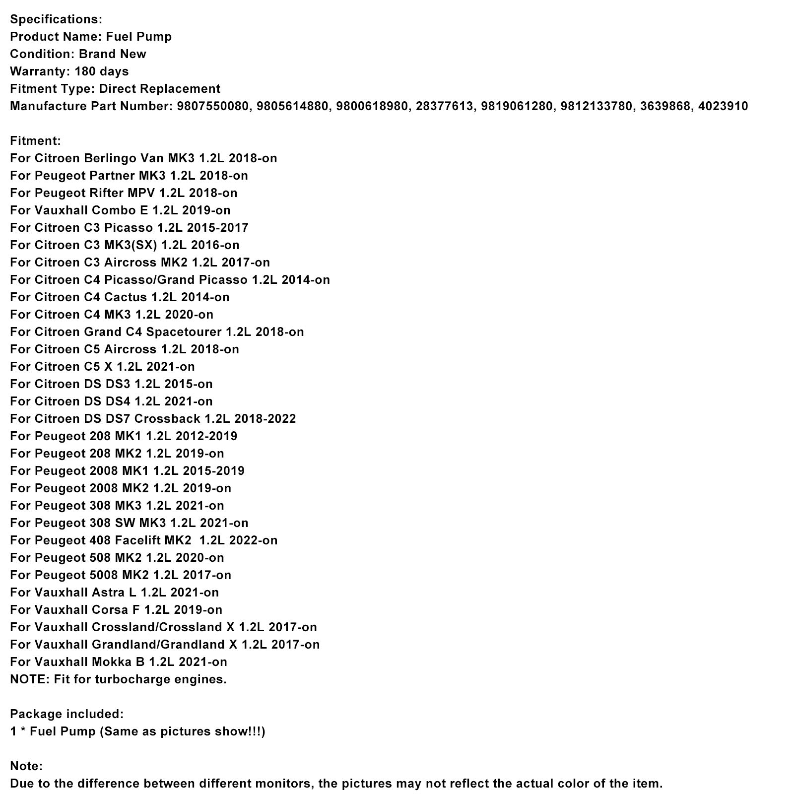 2018-on Citroen Grand C4 Spacetourer 1.2L High Pressure Petrol Fuel Pump 9807550080 28377613