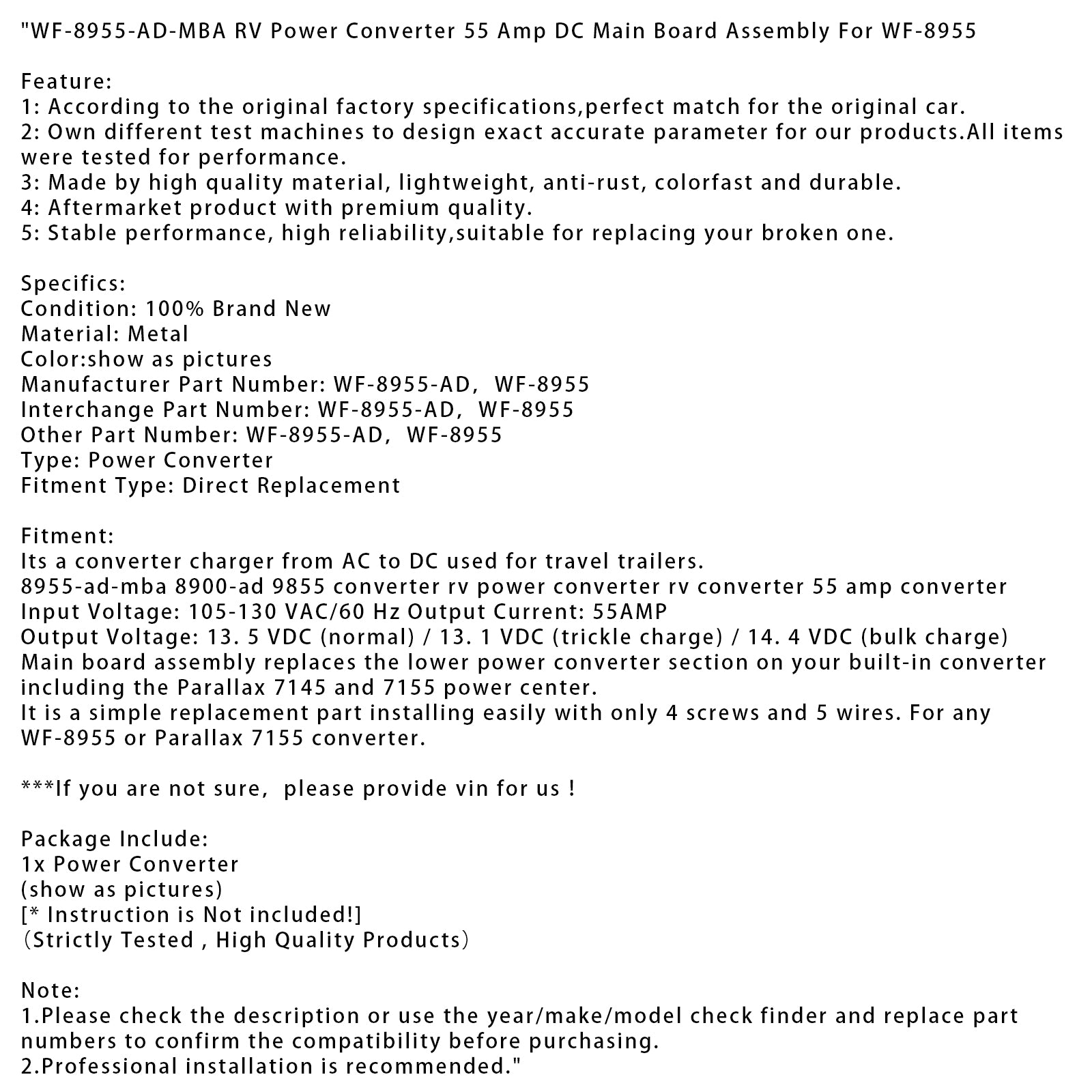 WF-8955-AD-MBA RV Power Converter 55 Amp DC Main Board Assembly For WF-8955