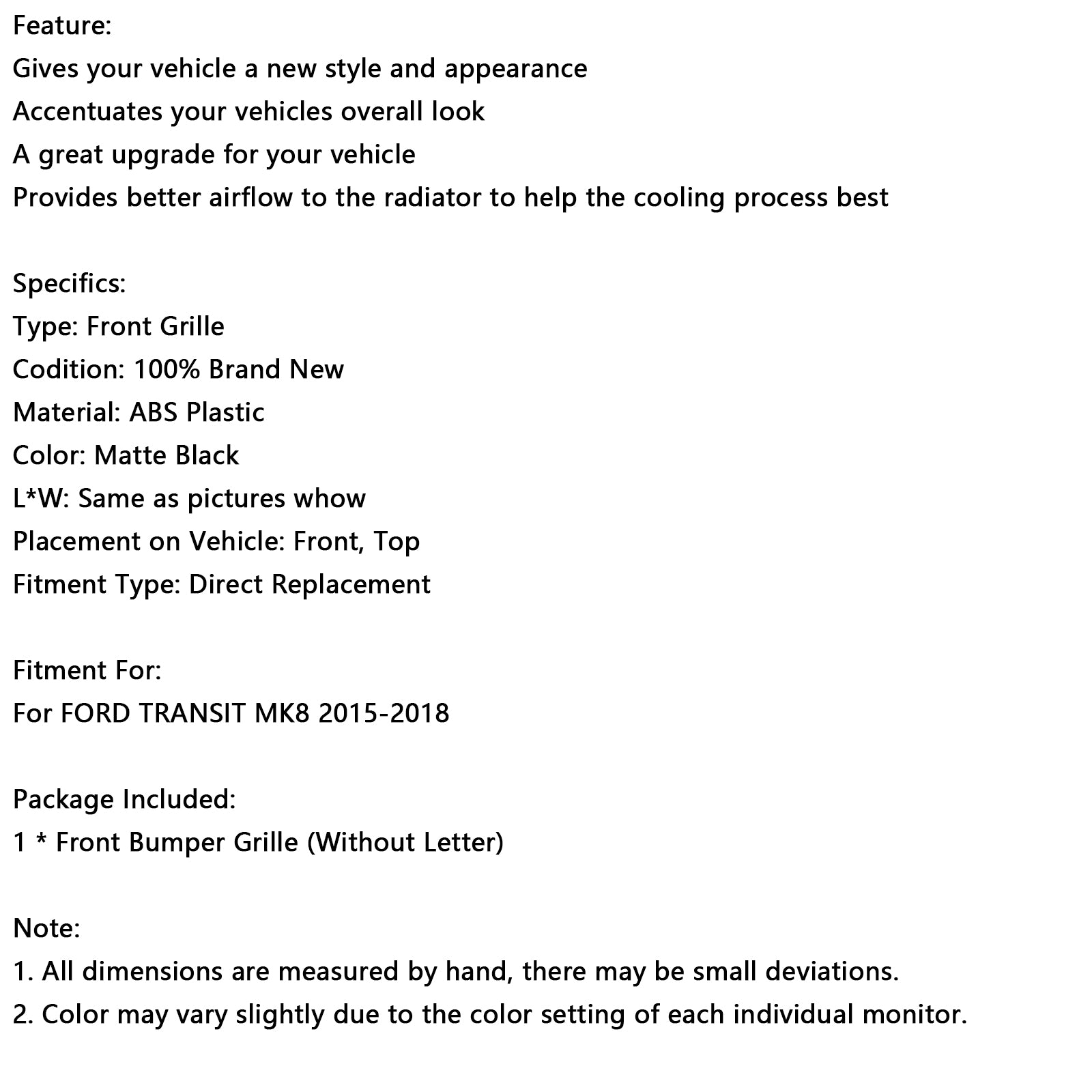 2015-2018 Ford Transit Mk8 Raptor Matt Black Front Front Frill Grille
