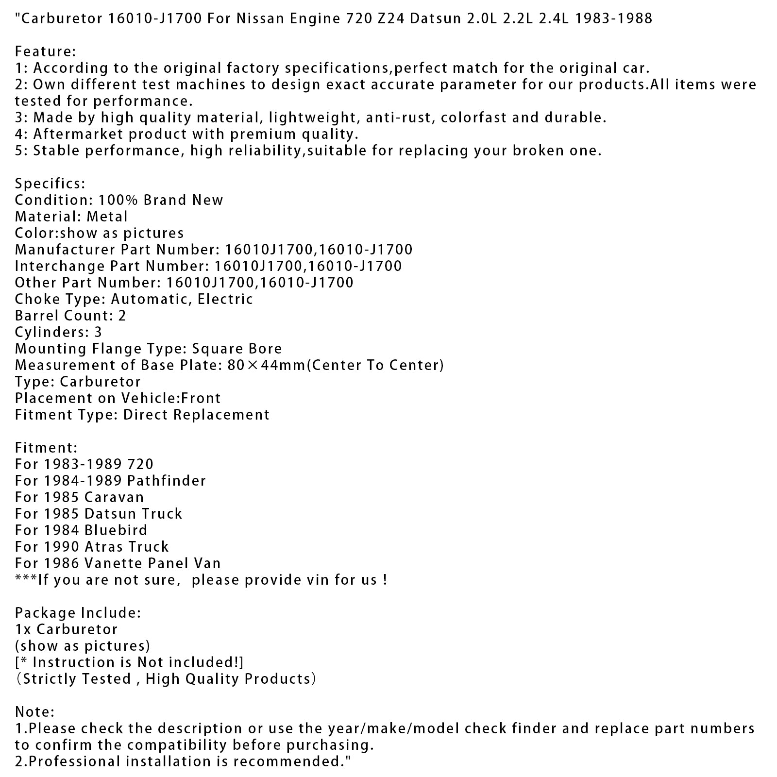 Carburador 16010-J1700 para motor Nissan 720 Z24 Datsun 2.0L 2.2L 2.4L 1983-1988