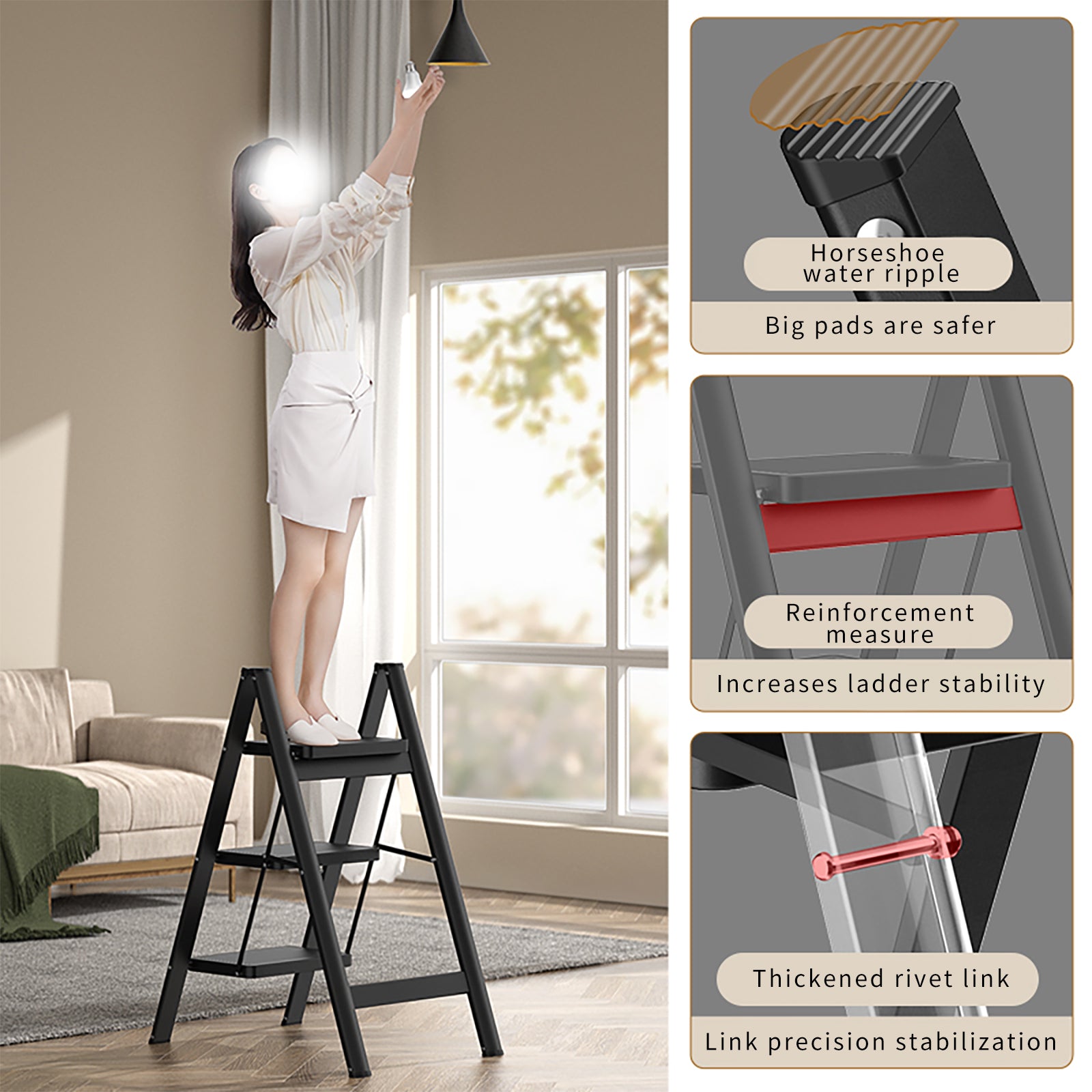 Stepladder, 3 Tiers, Foldable, Aluminum, Wide, Lightweight, Compact, Ladder