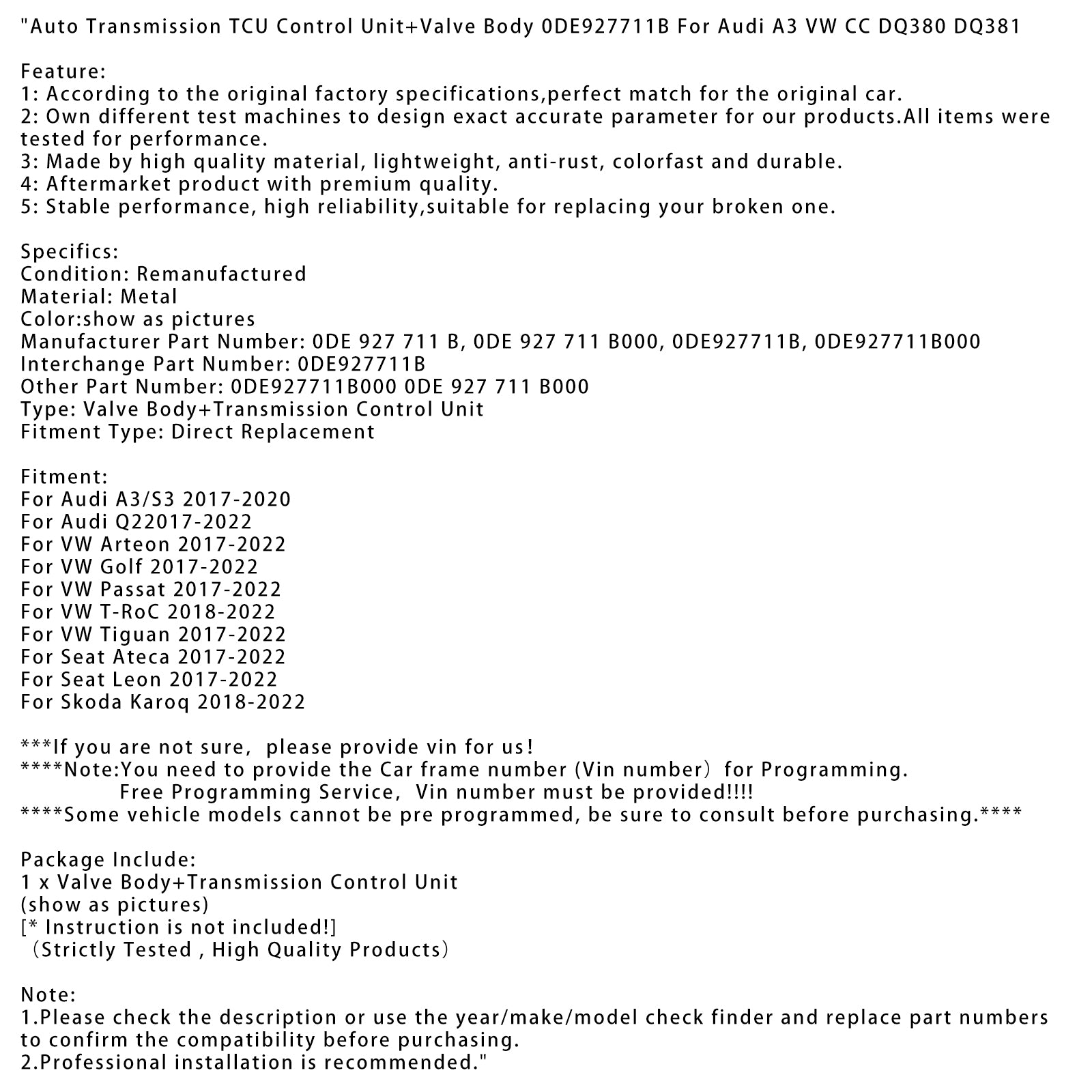 2017-2022 VW Tiguan Auto Transmission TCU Control Unit+Valve Body 0DE927711B 0DE 927 711 B