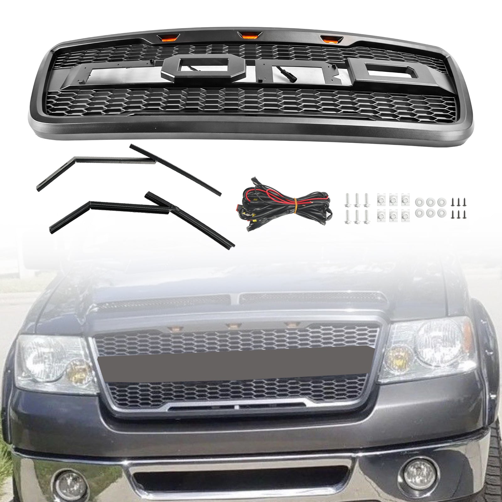 Raptor Style Front Mesh Hood Grille Grill Fit Ford F150 2004-2008 Met LED