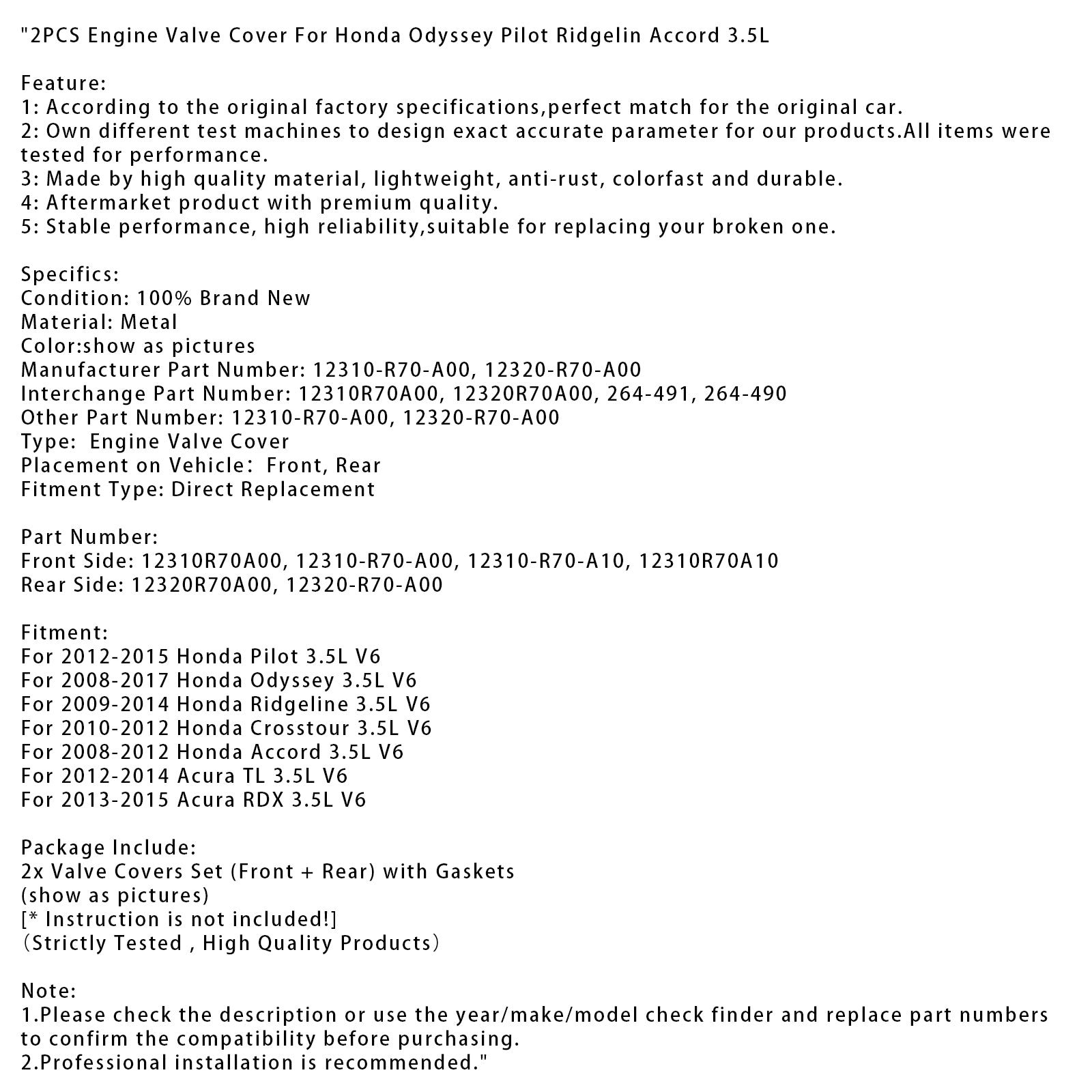 2008-2017 Honda Odyssey 3,5L V6 2KS Front+Zadný kryt ventilu motora 12310R70A00 12310R70A10