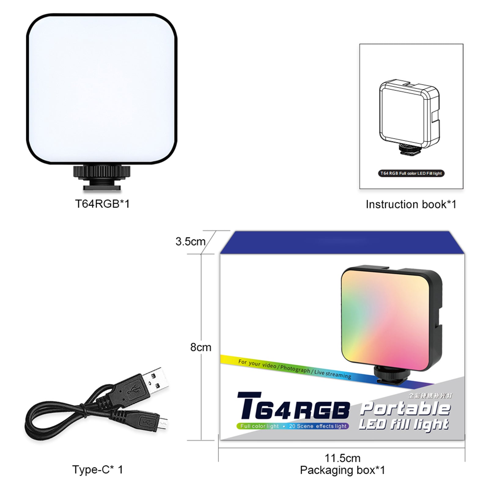 T64 RVB LED Lumière de Remplissage Vidéo Photographie Vidéo Couleur LED Lumière de Remplissage