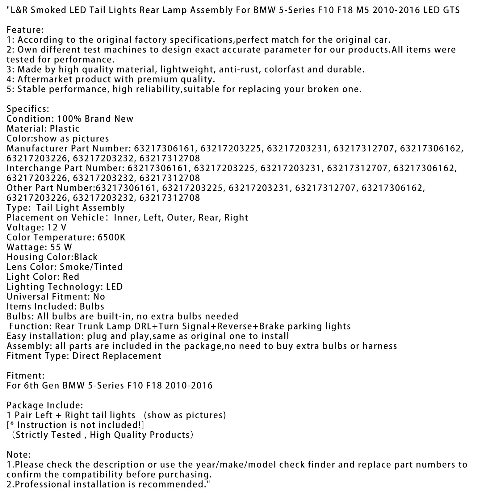 BMW radu 5 6. generácie, 2010 – 2016, 5F10 F18 M5 L&Zadné svetlá R s dymovými LED diódami